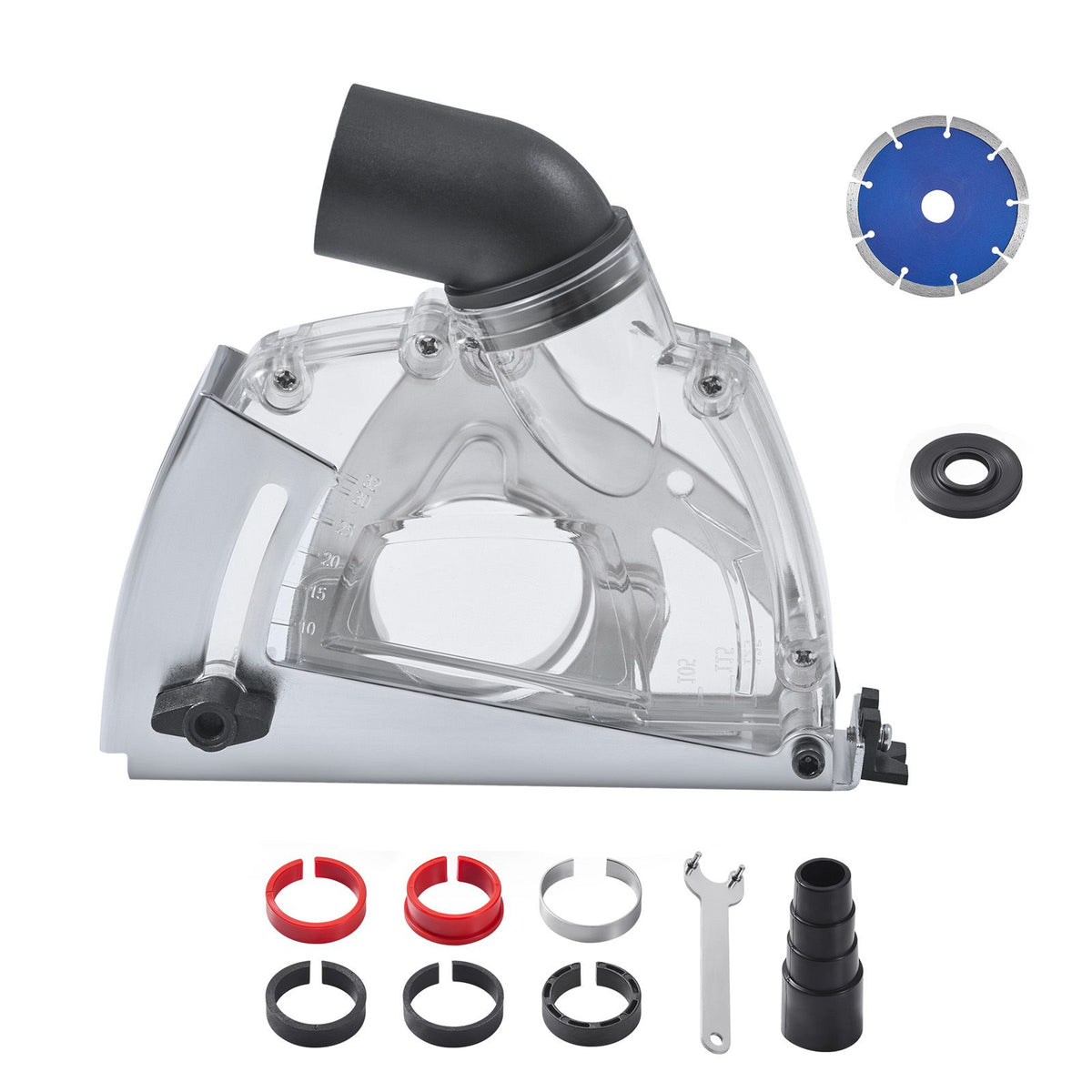 Cutting Dust Shroud for Angle Grinders, 100-125 mm Angle Grinder Dust Shroud with 6 Clamping Washers & 125 mm Diamond Grinding Cup Wheel, Adjustable Cutting Depth, Connect to Vacuum Cleaner