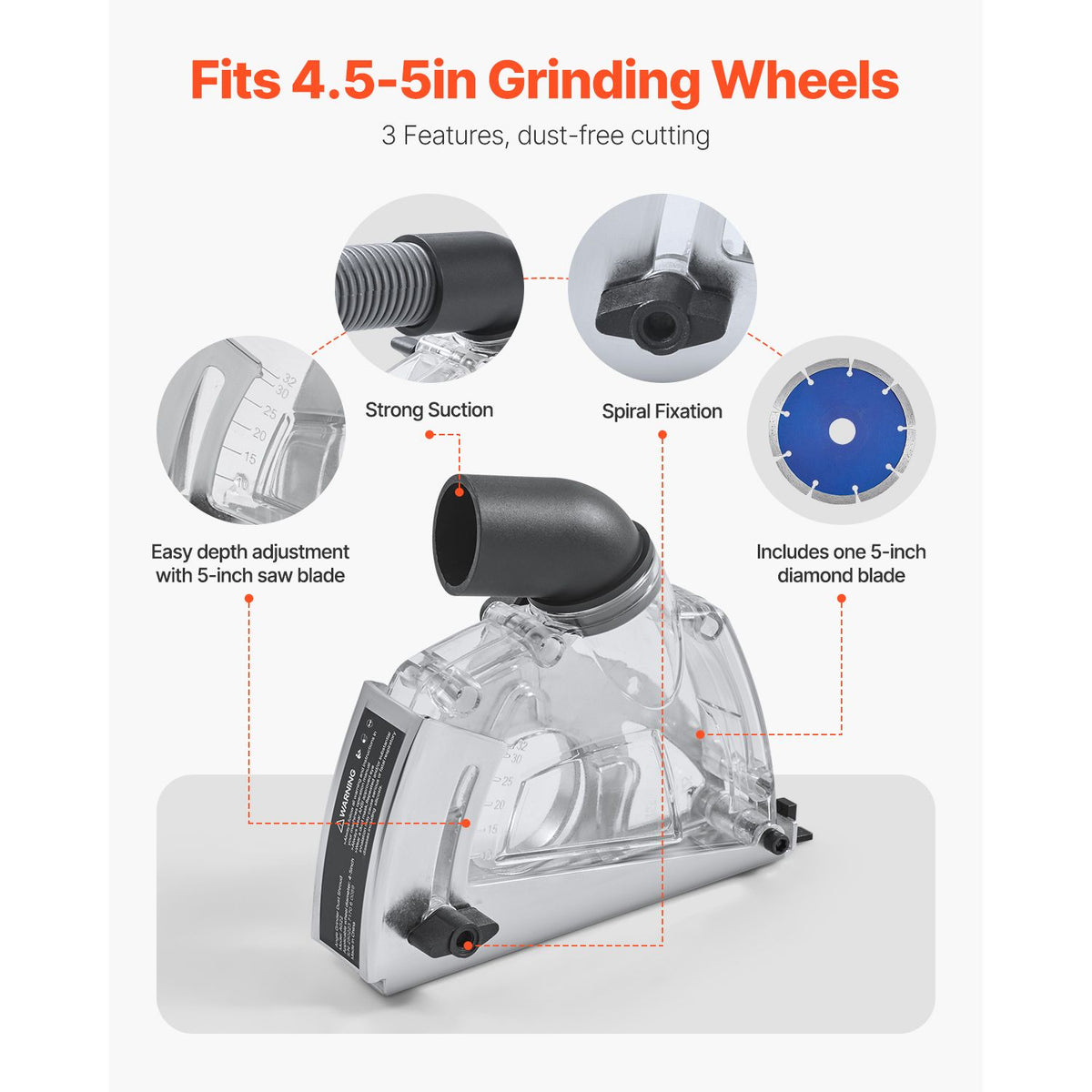 Cutting Dust Shroud for Angle Grinders, 100-125 mm Angle Grinder Dust Shroud with 6 Clamping Washers & 125 mm Diamond Grinding Cup Wheel, Adjustable Cutting Depth, Connect to Vacuum Cleaner