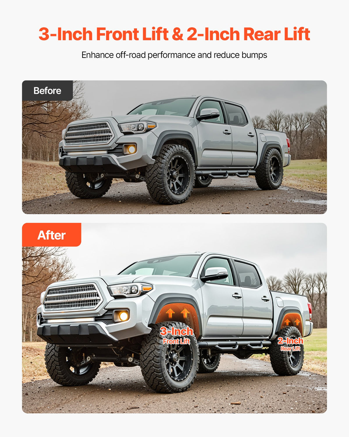 76.2 mm Front and 50.8 mm Rear Leveling Lift Kit for 2007-2023 Silverado 1500 2WD/4WD, 2007-2023 Sierra 1500 2WD/4WD, Chassis Level Kit with 2 Front Strut Spacers, 2 Rear Lift Blocks, 2 U-Bolts