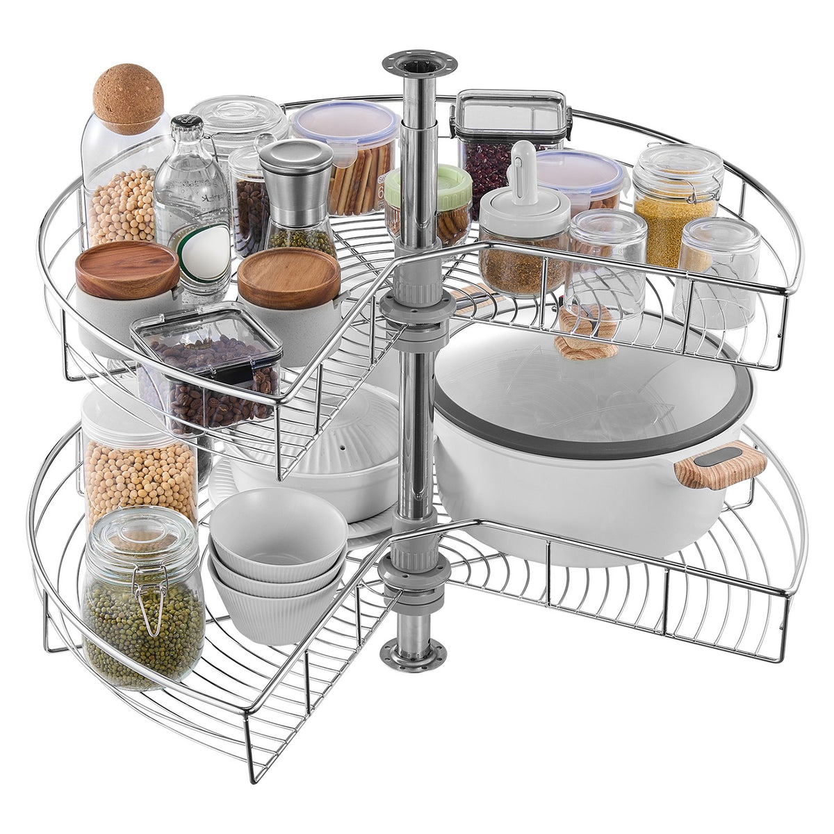 28" Kidney Shaped Chrome Corner Organizer, 360° Rotatble Kitchen Base Cabinet Blind Corner, 2 Tier Height Adjustable Storage Rack, Carbon Steel Lazy Susan Replacement Shelf for Cabinet Corner