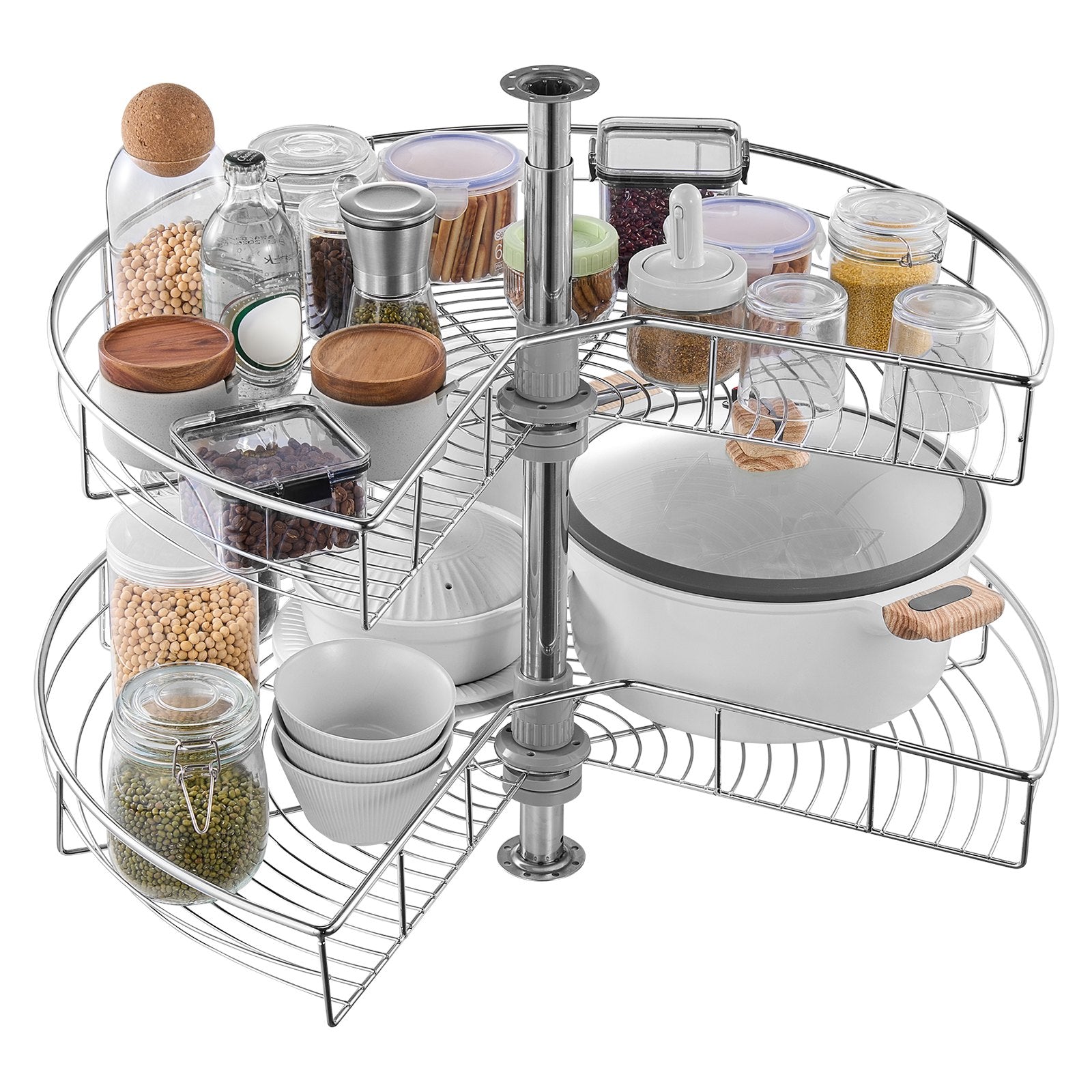28" Kidney Shaped Chrome Corner Organizer, 360° Rotatble Kitchen Base Cabinet Blind Corner, 2 Tier Height Adjustable Storage Rack, Carbon Steel Lazy Susan Replacement Shelf for Cabinet Corner