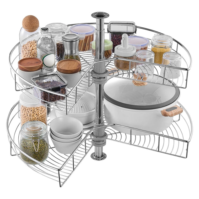 28" Kidney Shaped Chrome Corner Organizer, 360° Rotatble Kitchen Base Cabinet Blind Corner, 2 Tier Height Adjustable Storage Rack, Carbon Steel Lazy Susan Replacement Shelf for Cabinet Corner