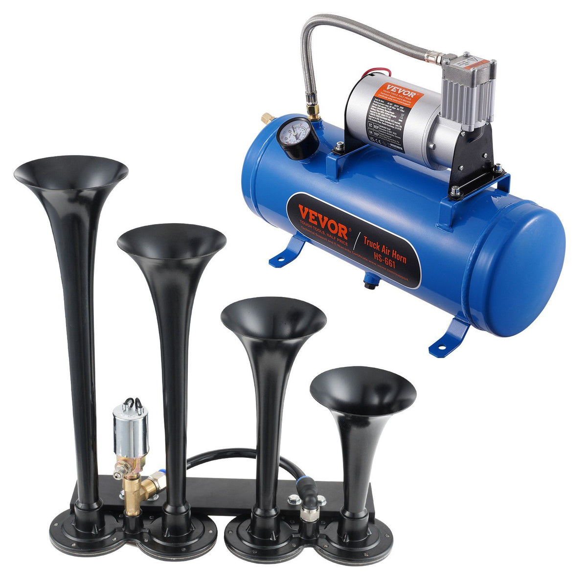 Train Horns Kit, 4 Trumpet Air Horn Kit, 150dB Train Horns for Pickup Trucks, 12V 120 psi Air Compressor 1.6 Gal/6 L Tank with Gauge for Any 12V Vehicle Car Truck Train Van Boat