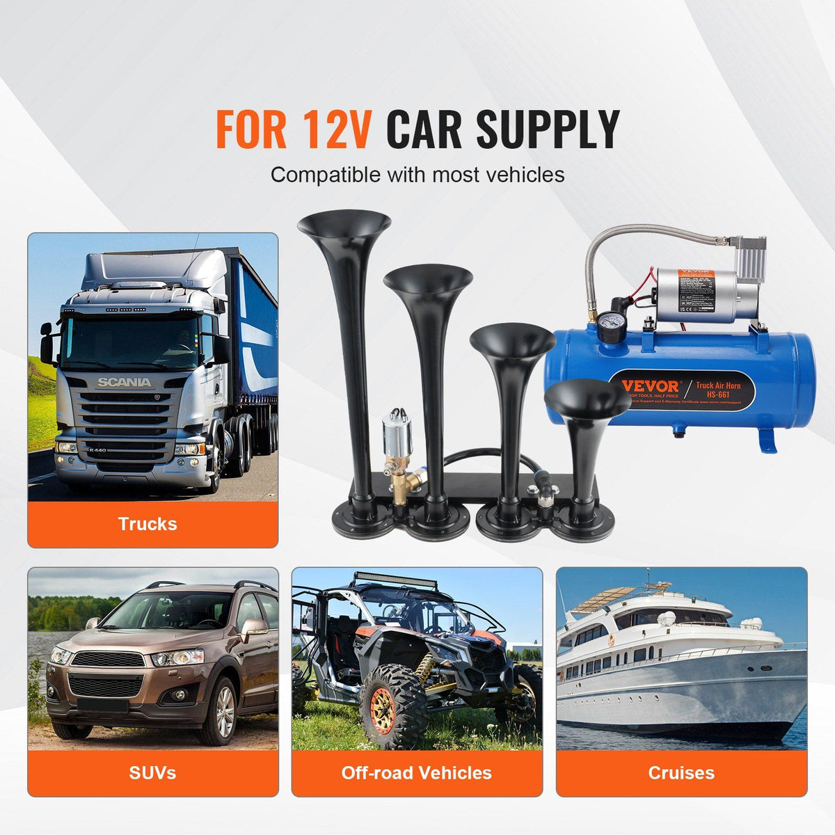 Train Horns Kit, 4 Trumpet Air Horn Kit, 150dB Train Horns for Pickup Trucks, 12V 120 psi Air Compressor 1.6 Gal/6 L Tank with Gauge for Any 12V Vehicle Car Truck Train Van Boat