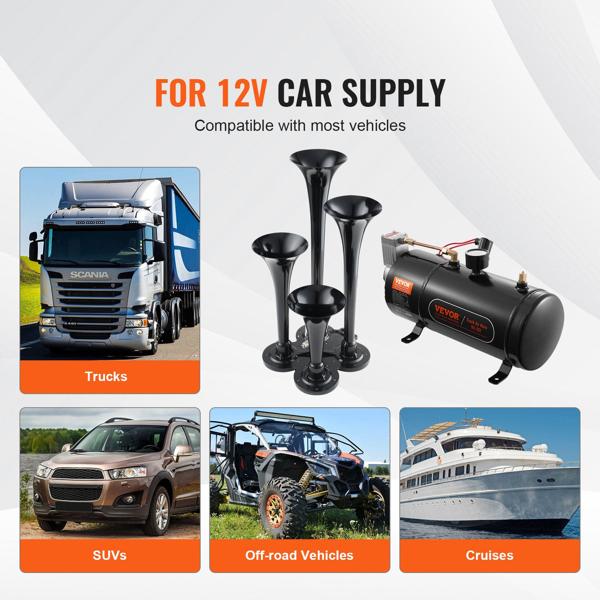 Train Horns Kit, 4 Trumpet Air Horn Kit, 150dB Train Horns for Pickup Trucks, 12V 120 psi Air Compressor 0.8 Gal/3 L Tank with Gauge for Any 12V Vehicle Car Truck Train Van Boat