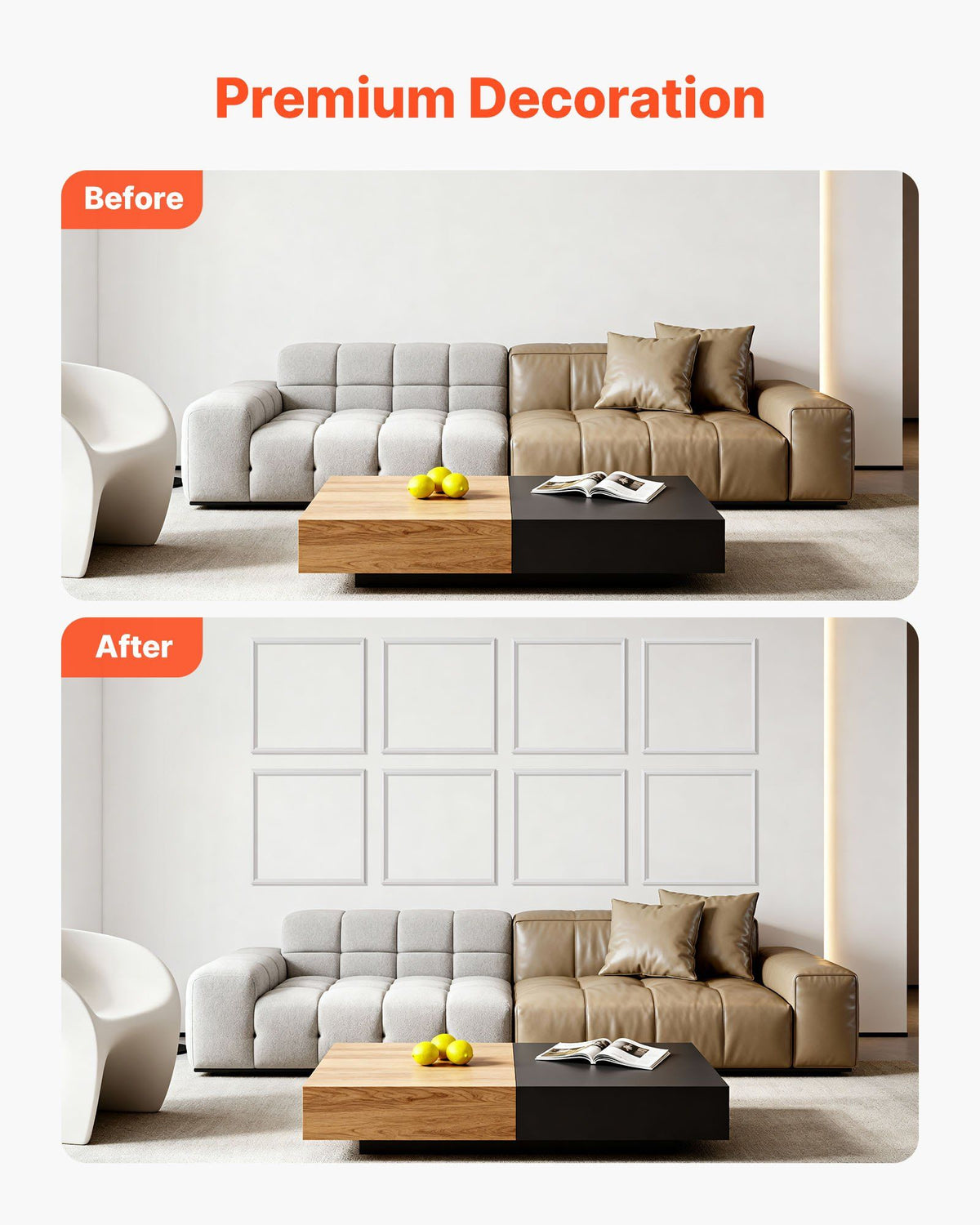 Wall Molding 12 Pack, 51 x 51 cm Wainscoting Panels Kit, Lightweight Paintable Polystyrene, Easy to Install, Waterproof Accent Wall Trim for Interior Décor Living Room, Bedroom, Home, White