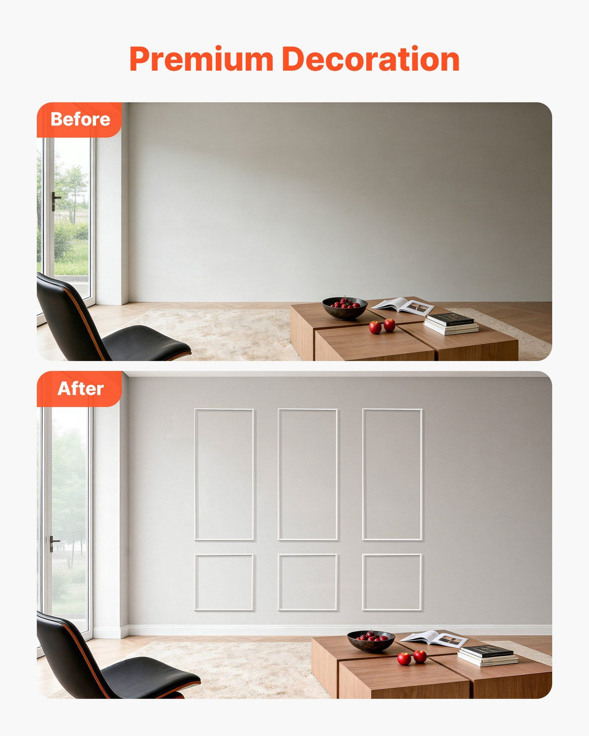 Wall Molding 3 Pack, Wainscoting Panels Kit, Lightweight Paintable Polystyrene, Easy to Install, Waterproof Accent Wall Trim for Interior Décor Living Room, Bedroom, White (61x137 + 61x61 cm)