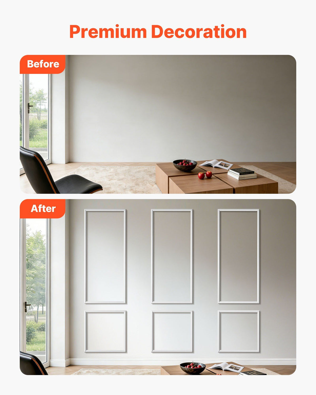 Wall Molding 3 Pack, Wainscoting Panels Kit, Lightweight Paintable Polystyrene, Easy to Install, Waterproof Accent Wide Profile Trim for Interior Living Room, Bedroom,White (61x137 + 61x61 cm)