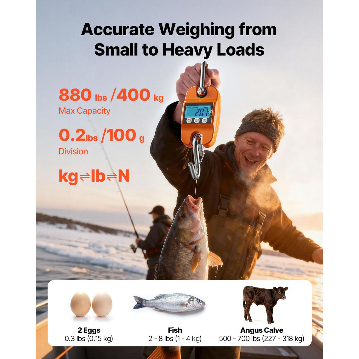 Digital Crane Scale, 880 lbs/400 kg Max Capacity, Handheld Hanging Scale with Cast Aluminum Case & LCD Display, 100 g Division & 3 Unit Switch, Auto-Off Setting for Farm Hunting Fishing, Orange