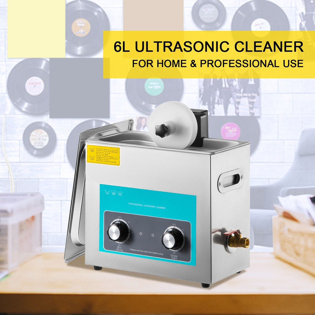 Ultrasonic Vinyl Record Cleaner 6L 40kHz Vinyl Ultrasonic Cleaning Machine Knob Control Record Ultrasonic Cleaner 8 Records Vinyl Sonic Cleaner Stainless Steel Tank with Mechanical Heater & Time
