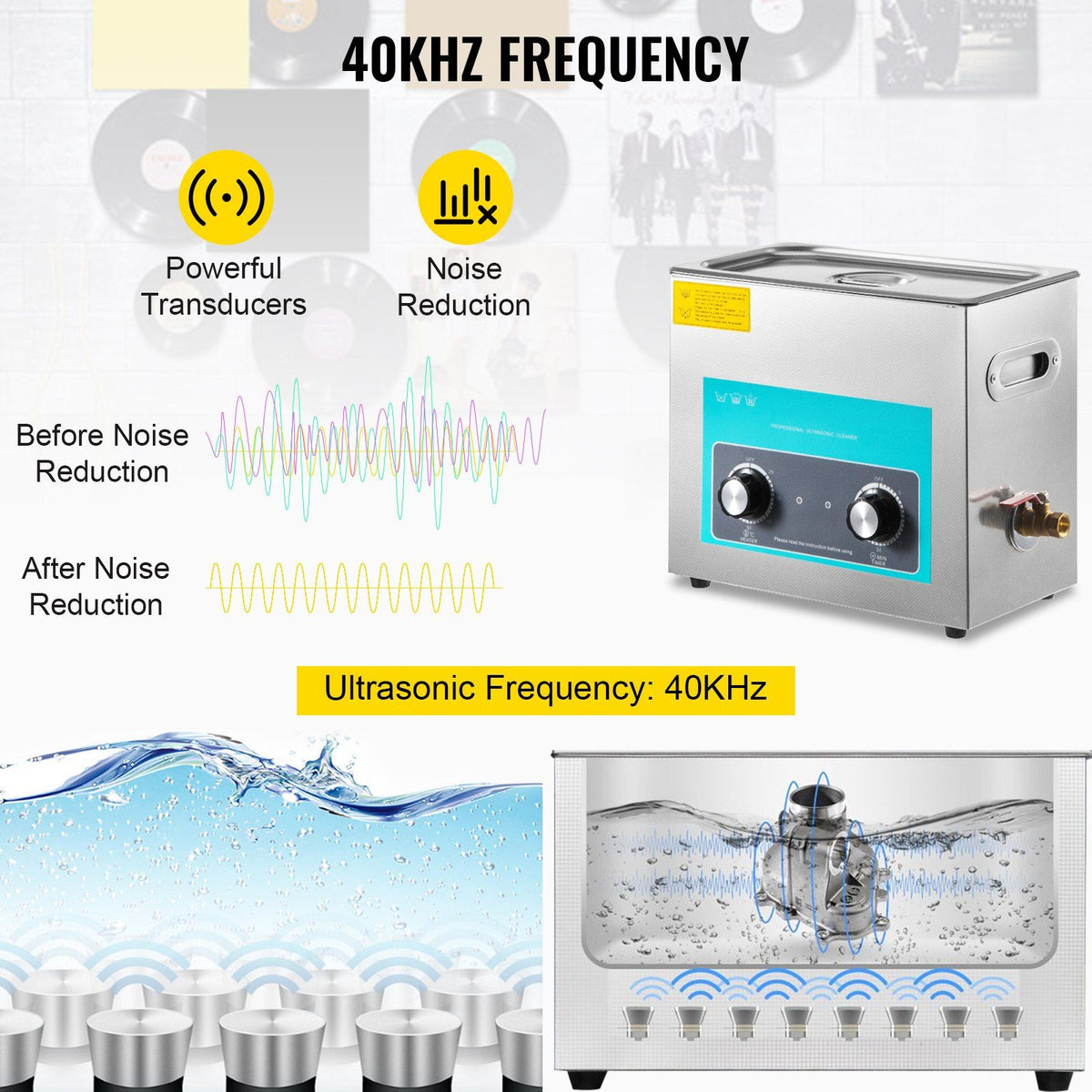 Ultrasonic Vinyl Record Cleaner 6L 40kHz Vinyl Ultrasonic Cleaning Machine Knob Control Record Ultrasonic Cleaner 8 Records Vinyl Sonic Cleaner Stainless Steel Tank with Mechanical Heater & Time