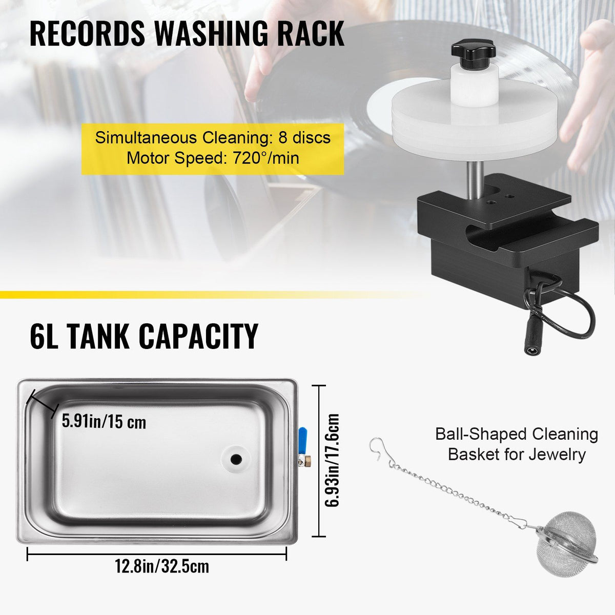Ultrasonic Vinyl Record Cleaner 6L 40kHz Vinyl Ultrasonic Cleaning Machine Knob Control Record Ultrasonic Cleaner 8 Records Vinyl Sonic Cleaner Stainless Steel Tank with Mechanical Heater & Time