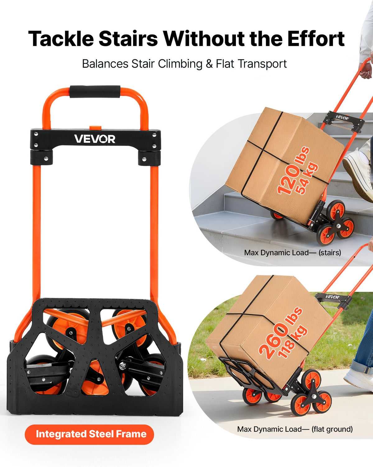 Stair Climbing Cart, 54 kg Stair-Climbing Capacity, Portable Folding Trolley Cart with Telescoping Handle, 6 Wheels and 2 Bungee Cords, Stair Climber Dolly for Home, Groceries, Warehouse