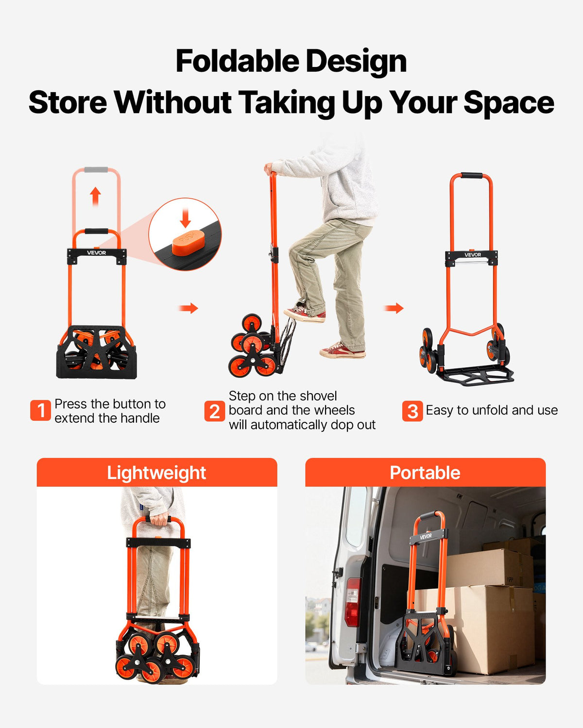 Stair Climbing Cart, 54 kg Stair-Climbing Capacity, Portable Folding Trolley Cart with Telescoping Handle, 6 Wheels and 2 Bungee Cords, Stair Climber Dolly for Home, Groceries, Warehouse