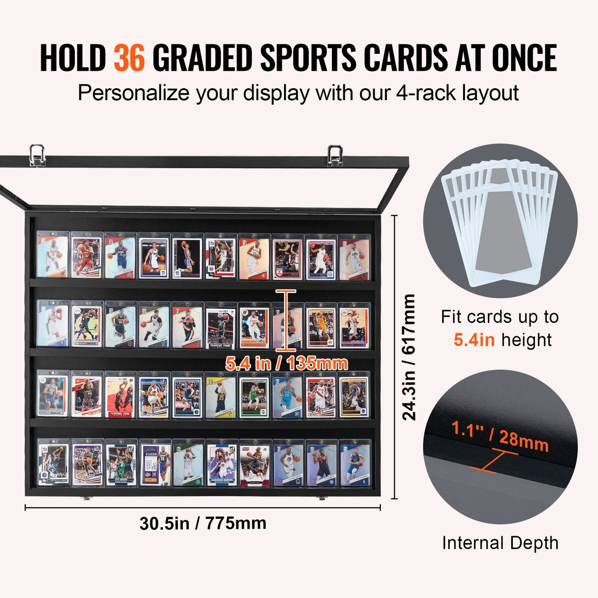 36 Graded Sports Card Display Case, 775 x 617 x 55 mm, Baseball Card Display Frame with 98% UV Protection Clear View PC Glass, Lockable Wall Cabinet for Football Basketball Hockey Trading Card