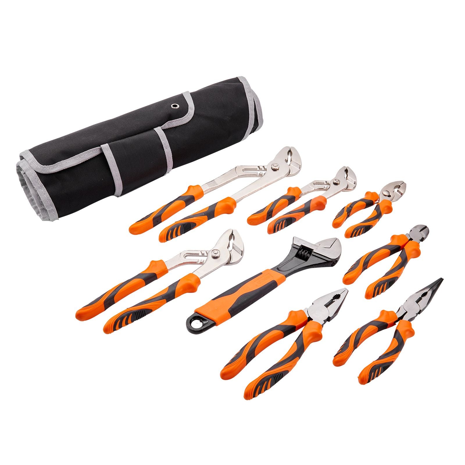 Pliers Set, 8-Piece, High Carbon Steel, 30.5cm/25.4cm/20.3cm Groove Joint Pliers, 20.3cm Linesman's Pliers, 15.2cm Slip Joint Pliers, 20.3cm Long Nose Pliers, 15.2cm Diagonal Cutter, 25.4cm Adjustable Wrench, and Tool Bag