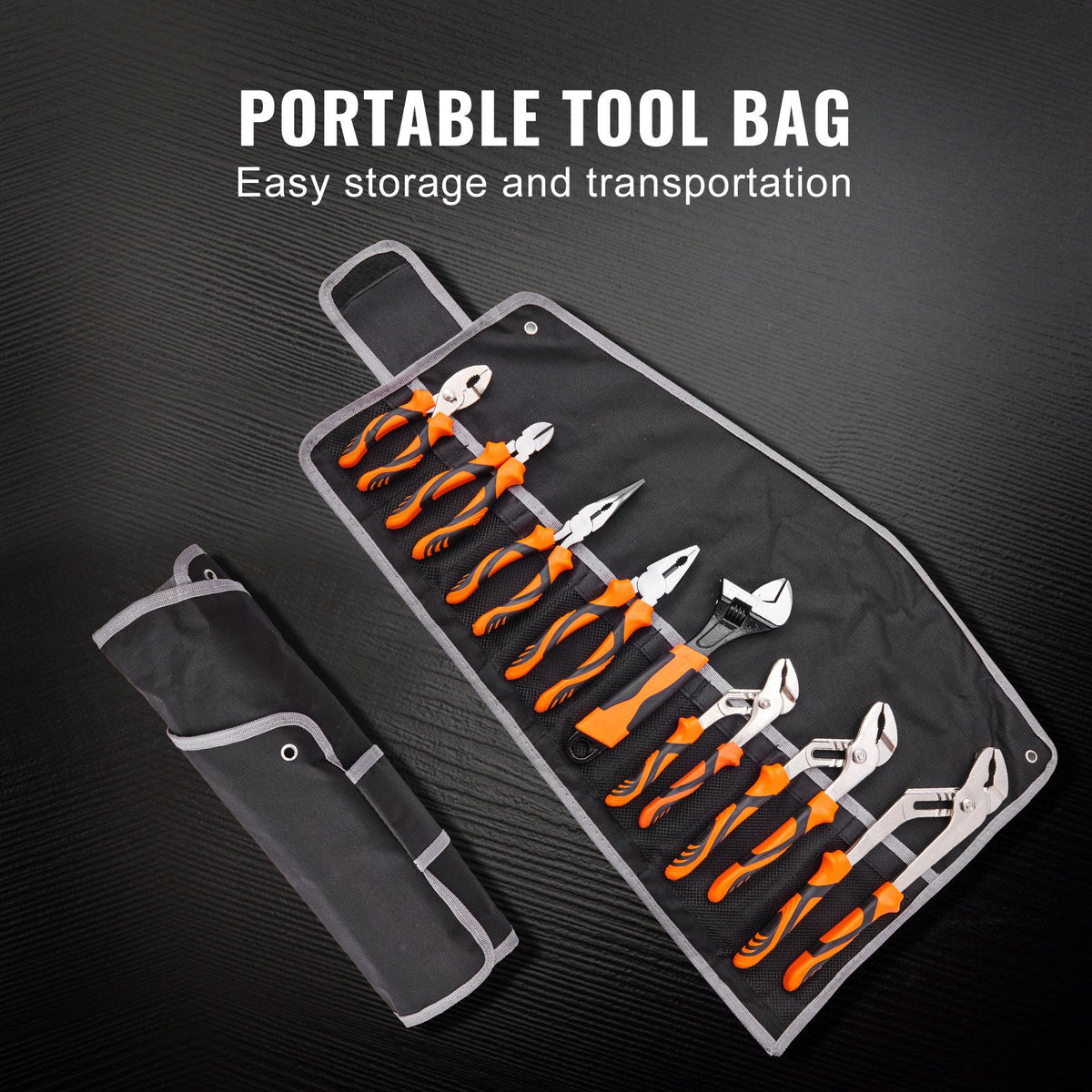 Pliers Set, 8-Piece, High Carbon Steel, 30.5cm/25.4cm/20.3cm Groove Joint Pliers, 20.3cm Linesman's Pliers, 15.2cm Slip Joint Pliers, 20.3cm Long Nose Pliers, 15.2cm Diagonal Cutter, 25.4cm Adjustable Wrench, and Tool Bag