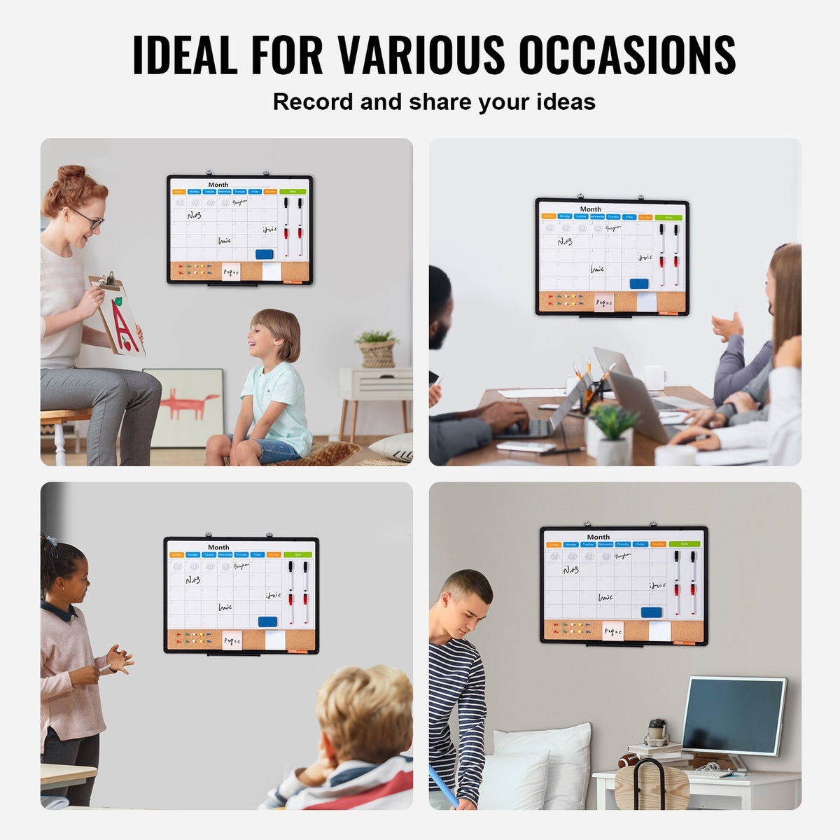 24"x 18" Monthly Calendar Whiteboard & Cork Board Combo with Aluminum Frame – 2-in-1 Magnetic Dry Erase Bulletin Board for Wall Mount – Ideal for School, Home, Office
