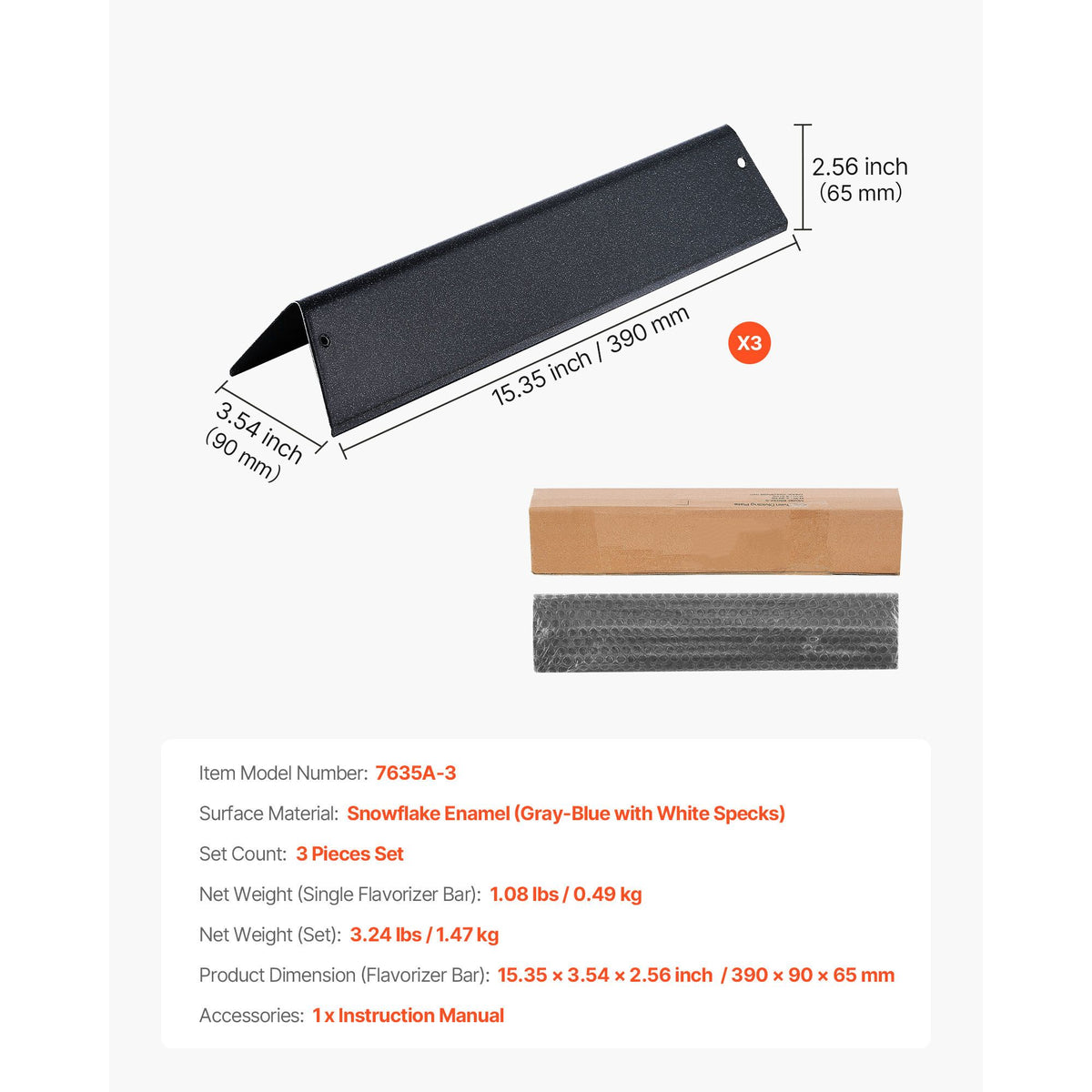 Flavorizer Bars, 39cm Grill Replacement Part, for Weber Spirit I & II 200 Series Grills, Including Spirit ll E-210, ll E-220, ll S-210, E-210, S-210, Porcelain-enameled Steel Heat Plate, 3 Pack