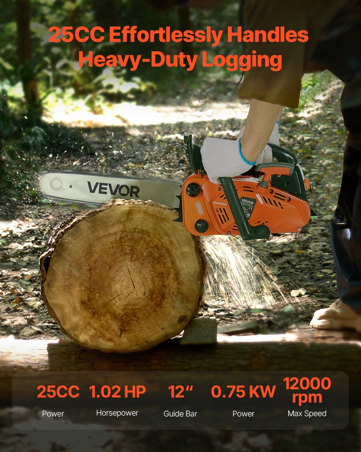 25 cc Gas Chainsaw, 305 mm Gas Powered Chainsaw, 0.75 kW Power Chain Saw with Non-Slip Handle, Gas-Powered Chainsaws with Dual Fuel Tanks, For Wood Cutting, Tree Trimming, and Land Clearing