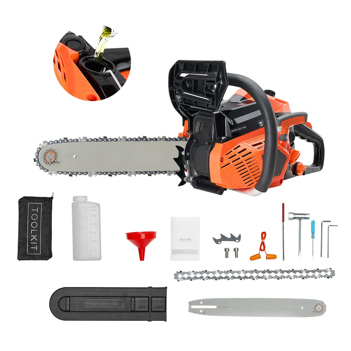 40 cc Gas Chainsaw, 355 mm Gas Powered Chainsaw, 1.3 kW Power Chain Saw with Non-Slip Handle, Gas-Powered Chainsaws with Dual Fuel Tanks, For Wood Cutting, Tree Trimming, and Land Clearing