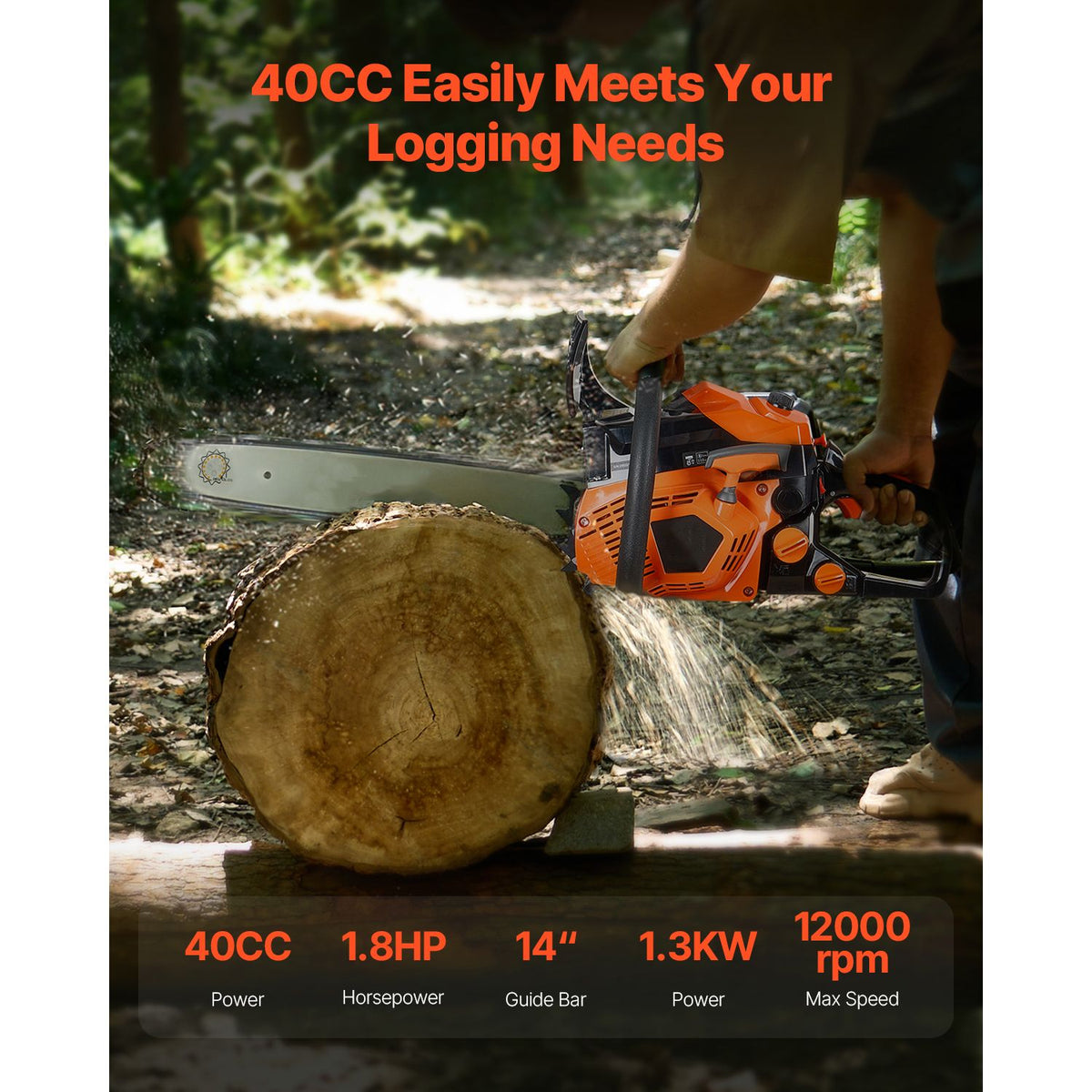 40 cc Gas Chainsaw, 355 mm Gas Powered Chainsaw, 1.3 kW Power Chain Saw with Non-Slip Handle, Gas-Powered Chainsaws with Dual Fuel Tanks, For Wood Cutting, Tree Trimming, and Land Clearing