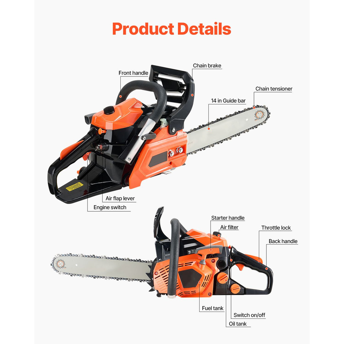 40 cc Gas Chainsaw, 355 mm Gas Powered Chainsaw, 1.3 kW Power Chain Saw with Non-Slip Handle, Gas-Powered Chainsaws with Dual Fuel Tanks, For Wood Cutting, Tree Trimming, and Land Clearing