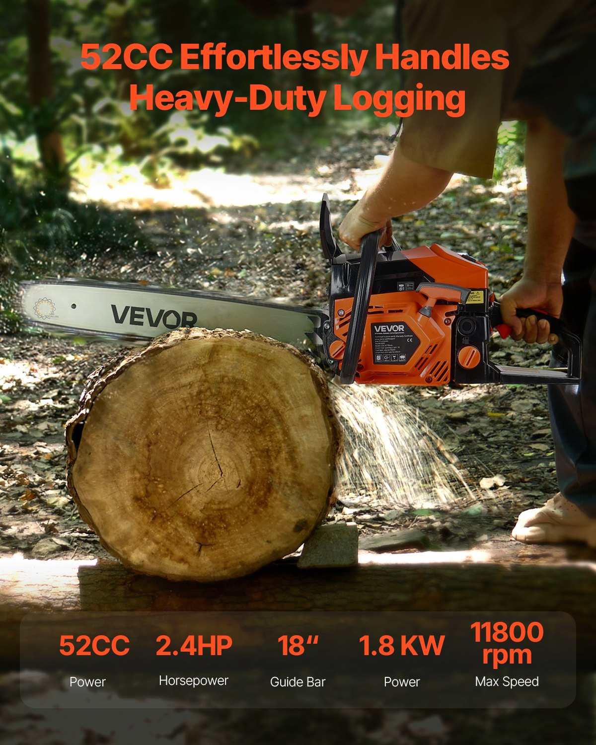 52cc Gas Chainsaw 1.8 kW Gas Powered 455 mm Chainsaw For Wood Cutting