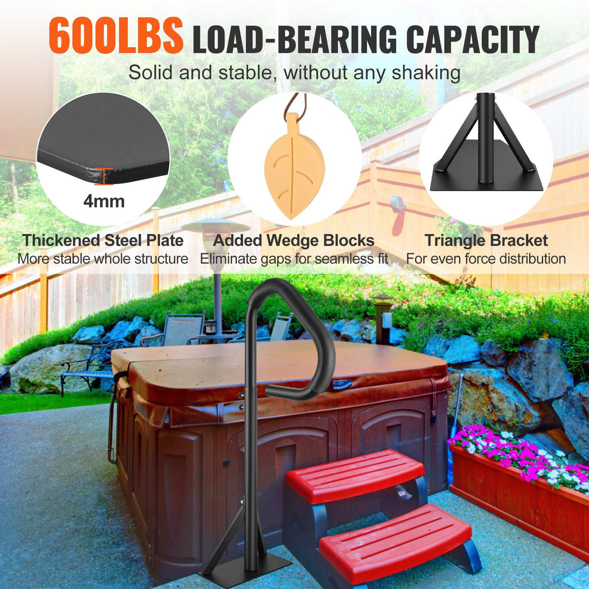 Hot Tub Handrail, 360 Rotatable Spa Side Handrail with 35"-57" Adjustable Height, Rust-proof Aluminum Spa Step Hot Tub Hand Rail with Slide-Under Mount Base for Indoor & Outdoor, 600LBS Capacity