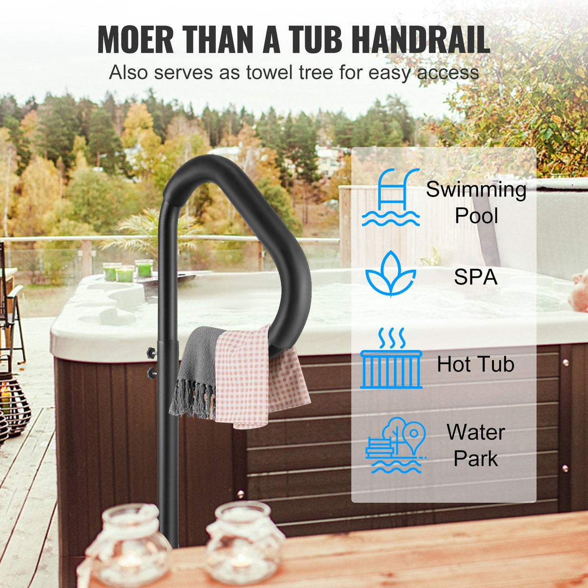 Hot Tub Handrail, 360 Rotatable Spa Side Handrail with 35"-57" Adjustable Height, Rust-proof Aluminum Spa Step Hot Tub Hand Rail with Slide-Under Mount Base for Indoor & Outdoor, 600LBS Capacity