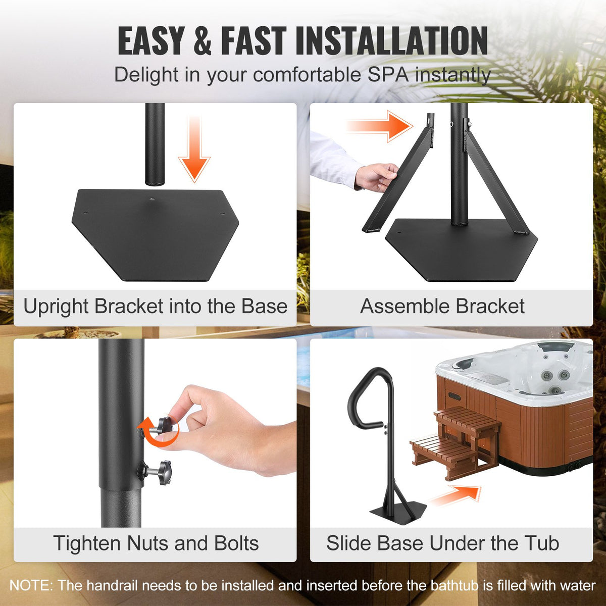 Hot Tub Handrail, 360 Rotatable Spa Side Handrail with 35"-57" Adjustable Height, Rust-proof Aluminum Spa Step Hot Tub Hand Rail with Slide-Under Mount Base for Indoor & Outdoor, 600LBS Capacity