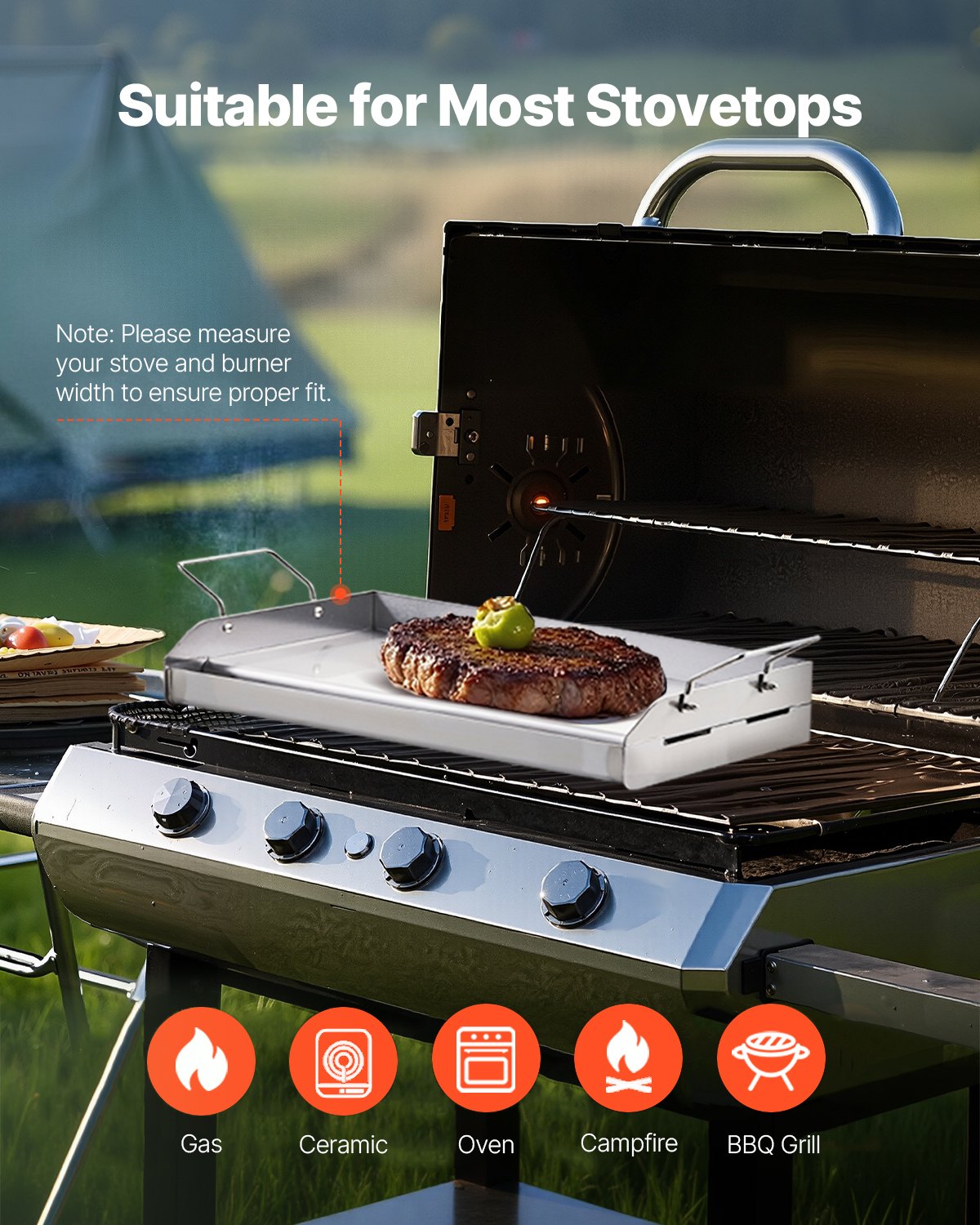 Stainless Steel Griddle, 17x13 inch Universal Flat Top Rectangular Plate, Gas Grill Griddle for BBQ Grill, Teppanyaki, Portable Family Cookware with Handle, for Camping Tailgating Party
