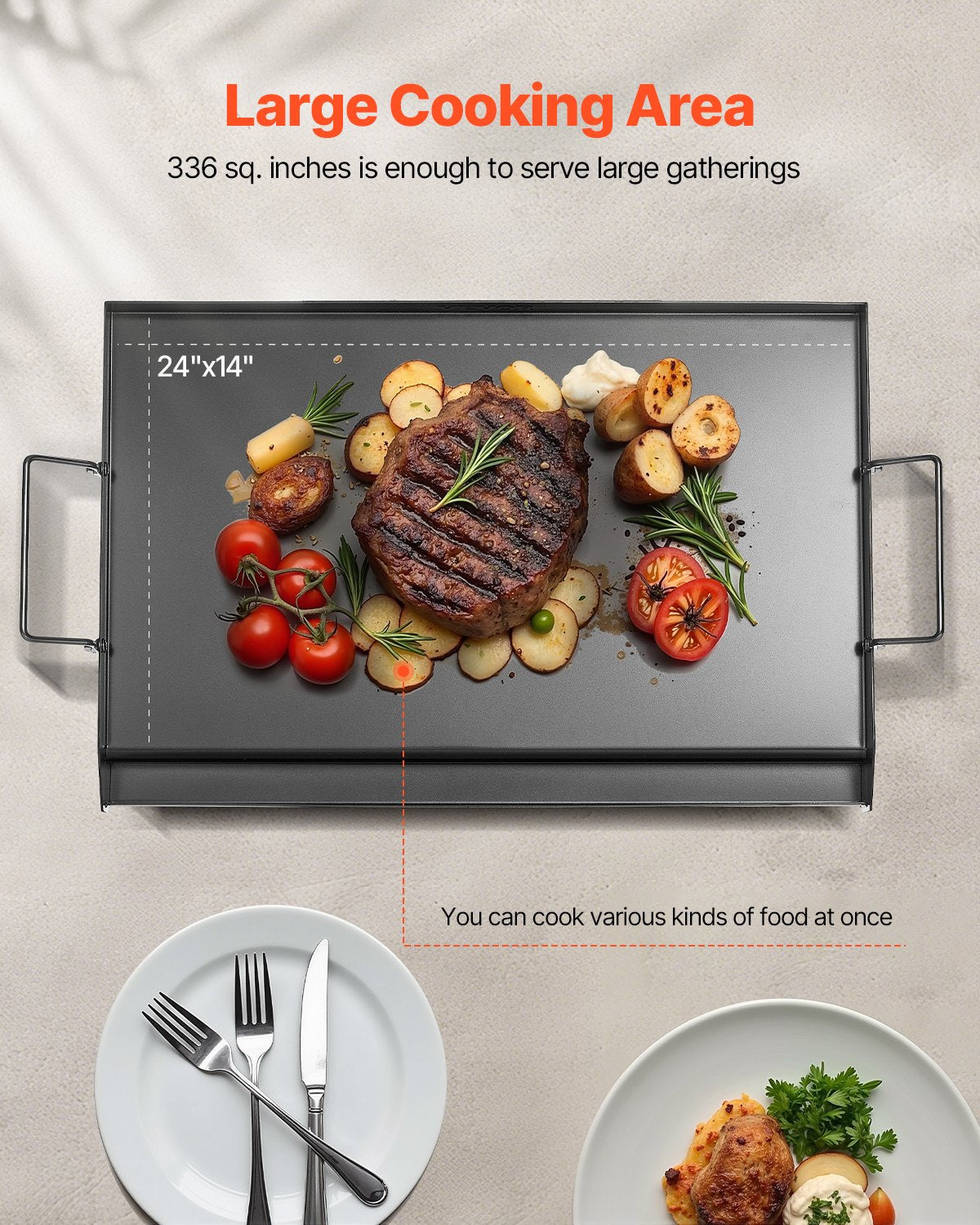 Carbon Steel Griddle, 24x16 inch Universal Flat Top Rectangular Plate, Gas Grill Griddle for BBQ Grill, Teppanyaki, Portable Family Cookware with Handle, for Camping Tailgating Party