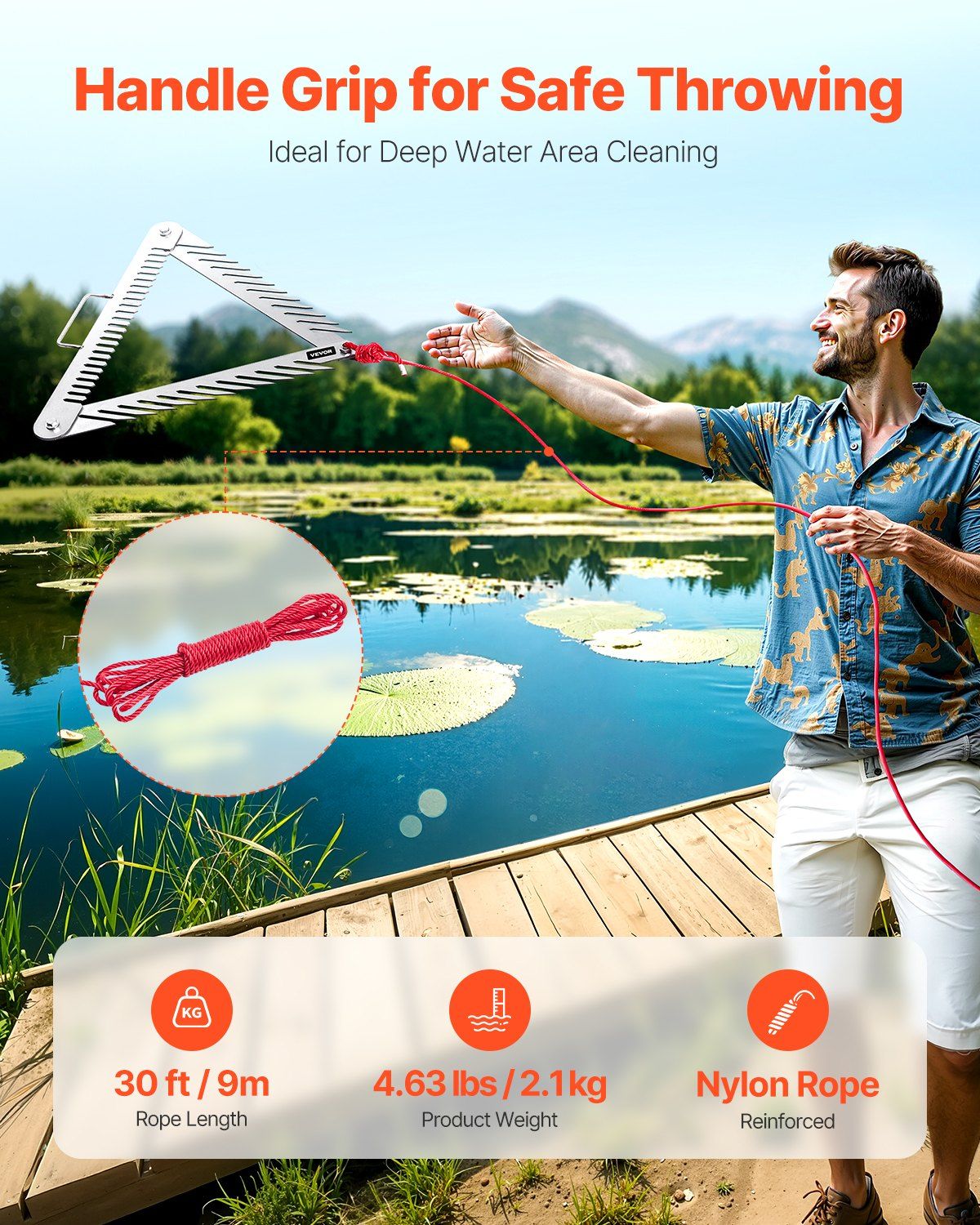 24in Aquatic Weed Rake, 3-Sided Lake Weed Rake with Handle, Portable and Foldable Pond Water Grass Razor, Stainless Steel Throwable Floating Pond Weeds Cutter with 30 ft Rope, for Lakes Ponds