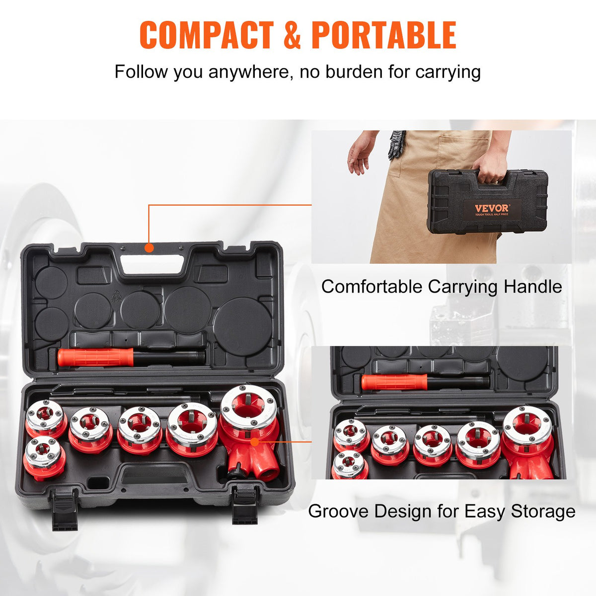 Ratchet Pipe Threader Kit, 1/4" NPT - 1-1/4" NPT Manual Ratcheting Pipe Threader, Portable Pipe Threading Tool Set with 6PCS NPT Dies, Storage Case for Galvanized Aluminum Iron Copper Pipes