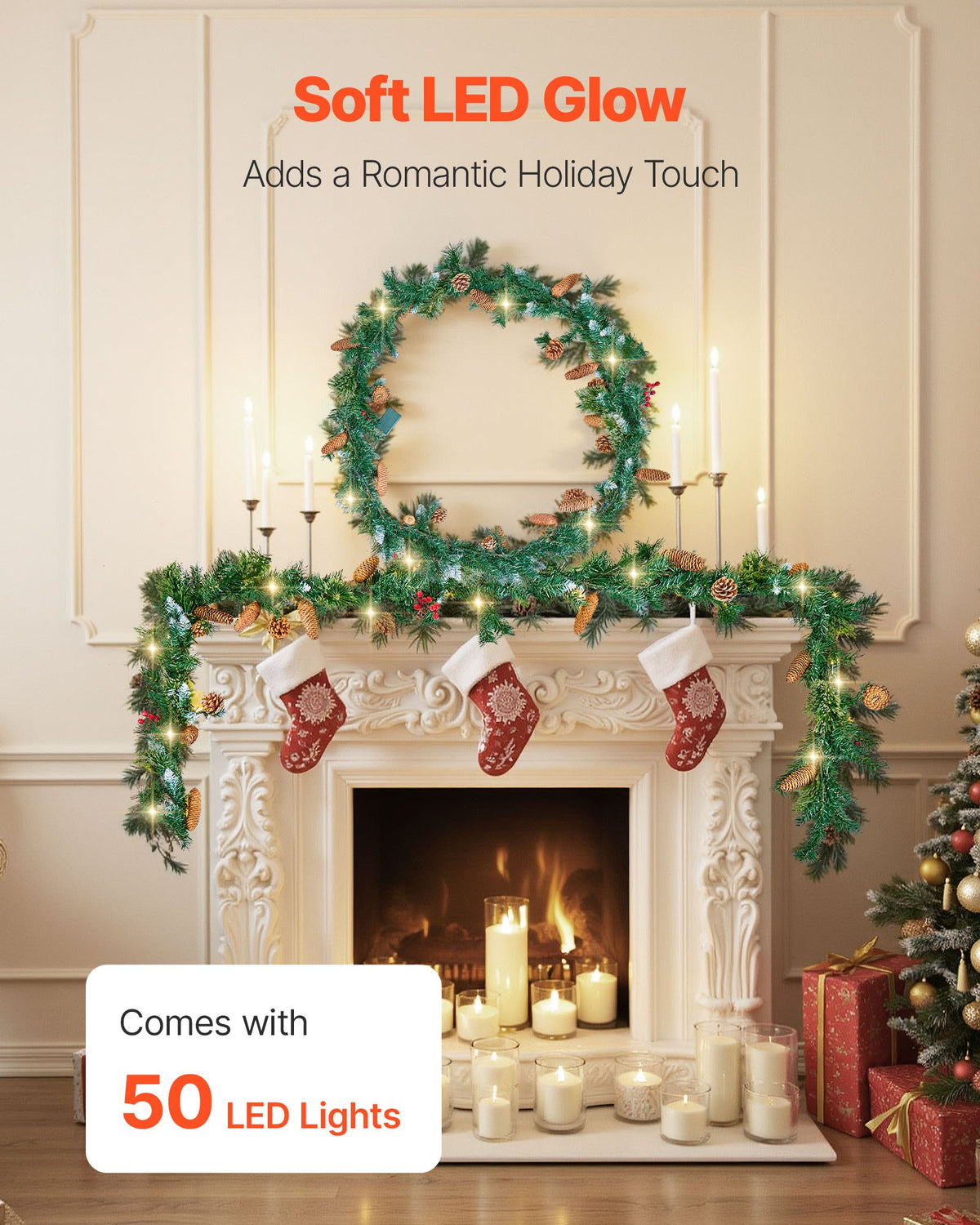 Christmas Garland, 2750mm Artificial Christmas Garland with Light String, Faux Greenery Decoration with Berry Clusters, Pine Needles, Pine Cones, Realistic Xmas Collection for Mantel Fireplace