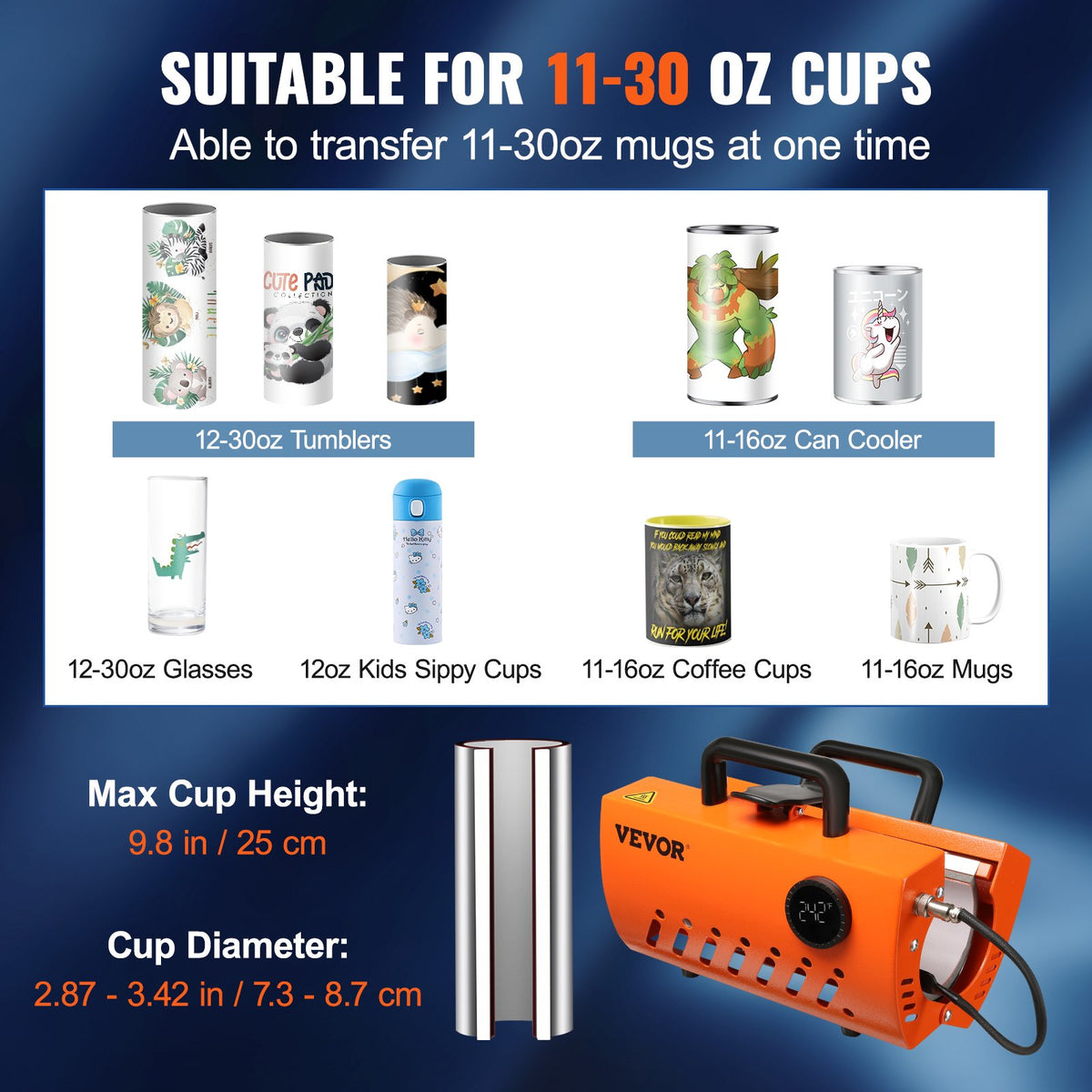 Mug Heat Press, 30oz Tumbler Heat Press Machine, Sublimation Transfer 11-15oz 16-25oz 30oz Straight Skinny Tumblers, Cup Heat Press with Heat-resist Gloves & Tape, DIY Ceramic Mugs Cups Glasses