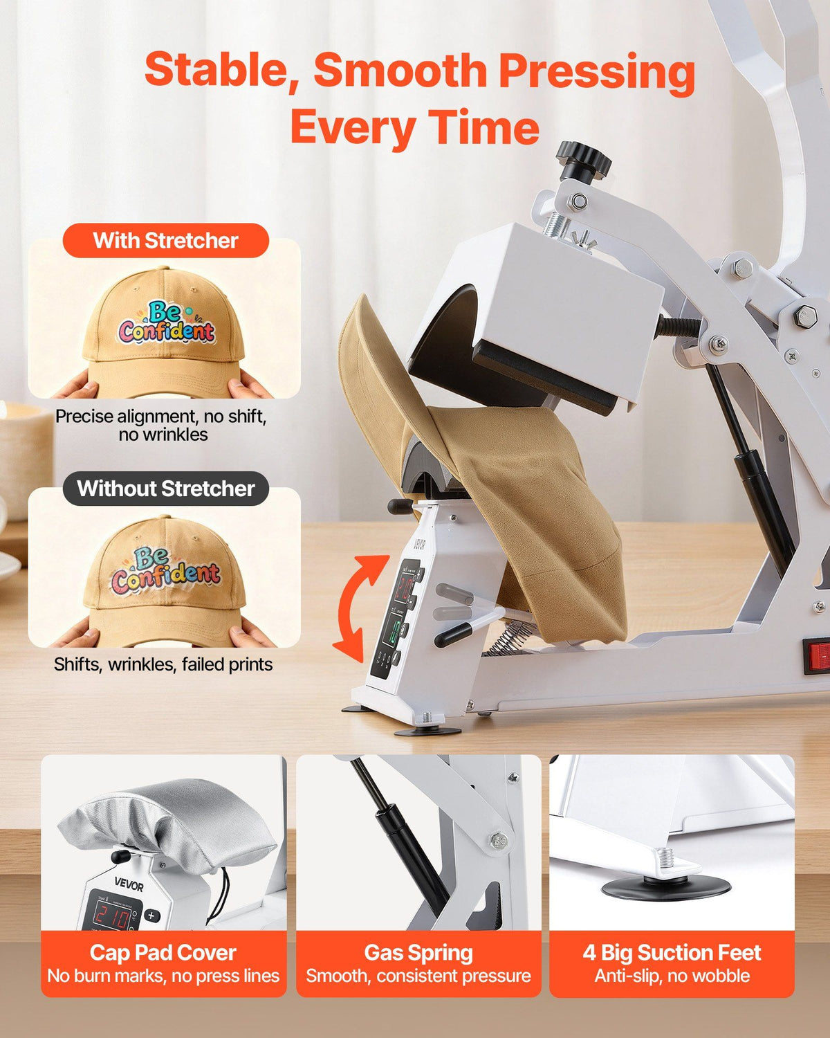 Hat Heat Press Machine, with 4 Interchangeable Platens and Caps Stretcher, Precise Temperature & Time Control, Heat Press for Hats and Caps, for HTV Iron On and Sublimation Projects, White
