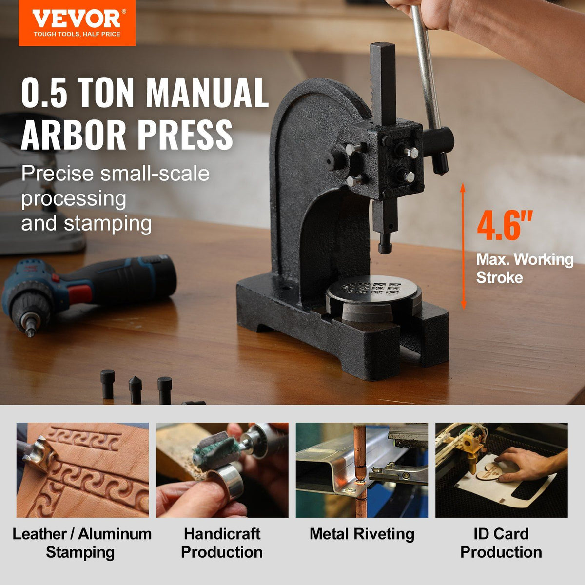 Arbor Press, 0.5 Ton Manual Arbor Press, 11.68" Maximum Height, Cast Iron Heavy-duty Manual Desktop Arbor Press, Precision Hand Press for Stamping, Bending, Stretching, Forming