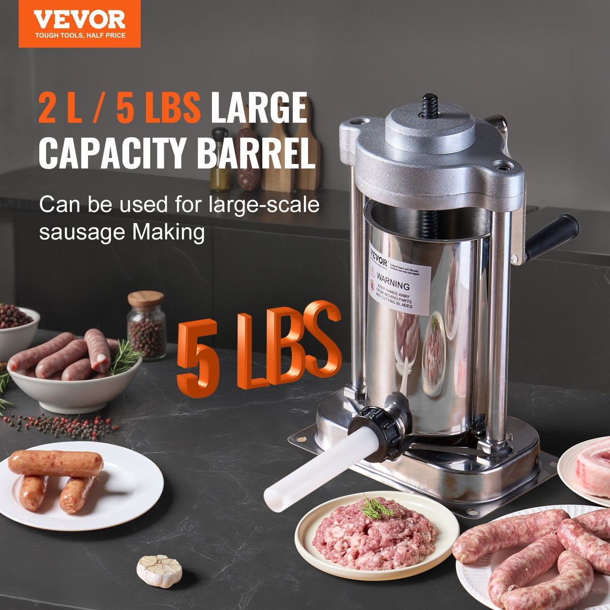 Manual Sausage Stuffer, 2 L / 5 LBS Vertical Sausage Machine with G-type Clamp, Food-Grade 304 Stainless Steel Barrel with 2 Stuffing Tubes, for Home Kitchen Restaurant Commercial