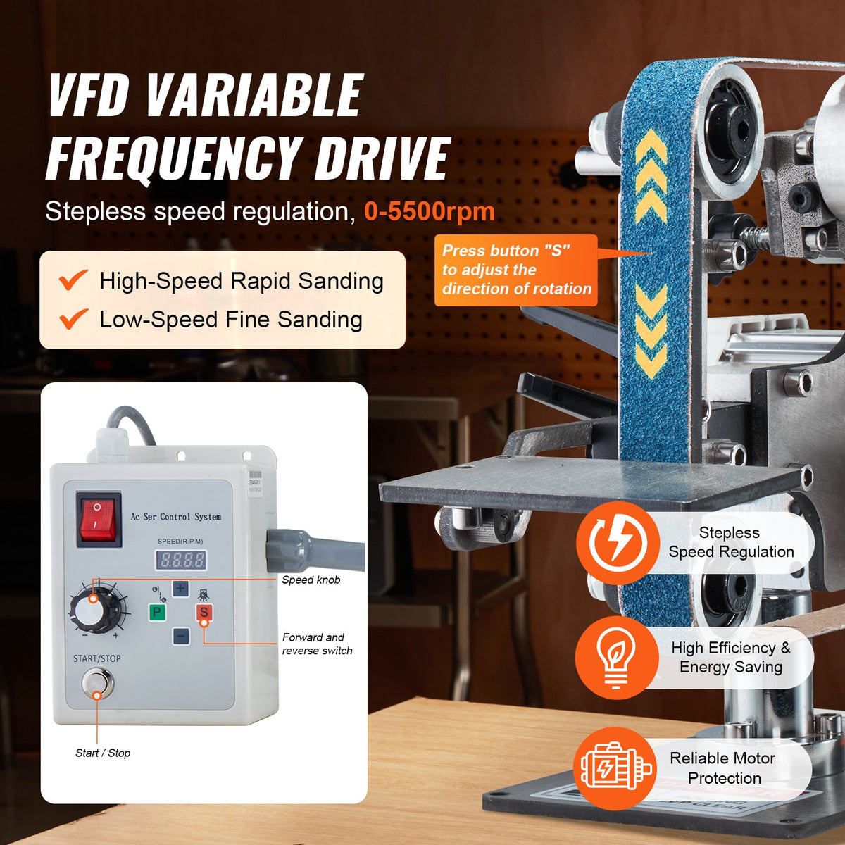 Belt Grinder Sander, 30 x 1-Inch Variable Speed Belt Polisher with VFD, 550W Polishing Grinding Machine with 2 Grinding Moulds & 3PCS Sanding Belts for Metalworking, Knife Making