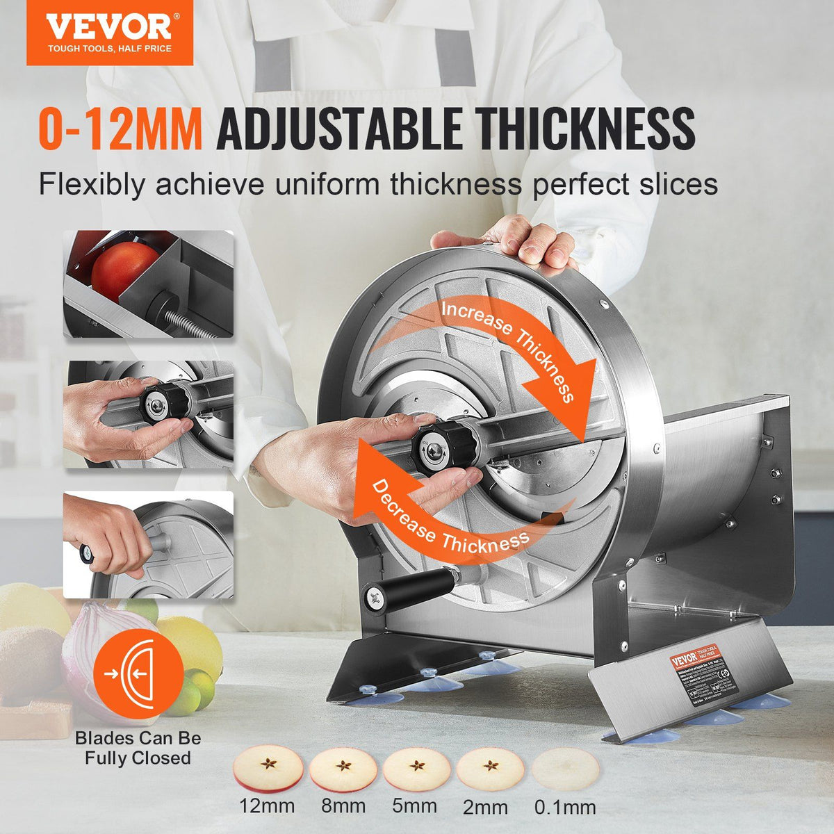 Manual Vegetable Fruit Slicer, 0-0.5"/0-12mm Thickness Adjustable Commercial Slicer Machine, Stainless Steel Food Cutter Slicing Machine with 2 Spare Blades, for Potato, Cucumber, Lemon, Tomato