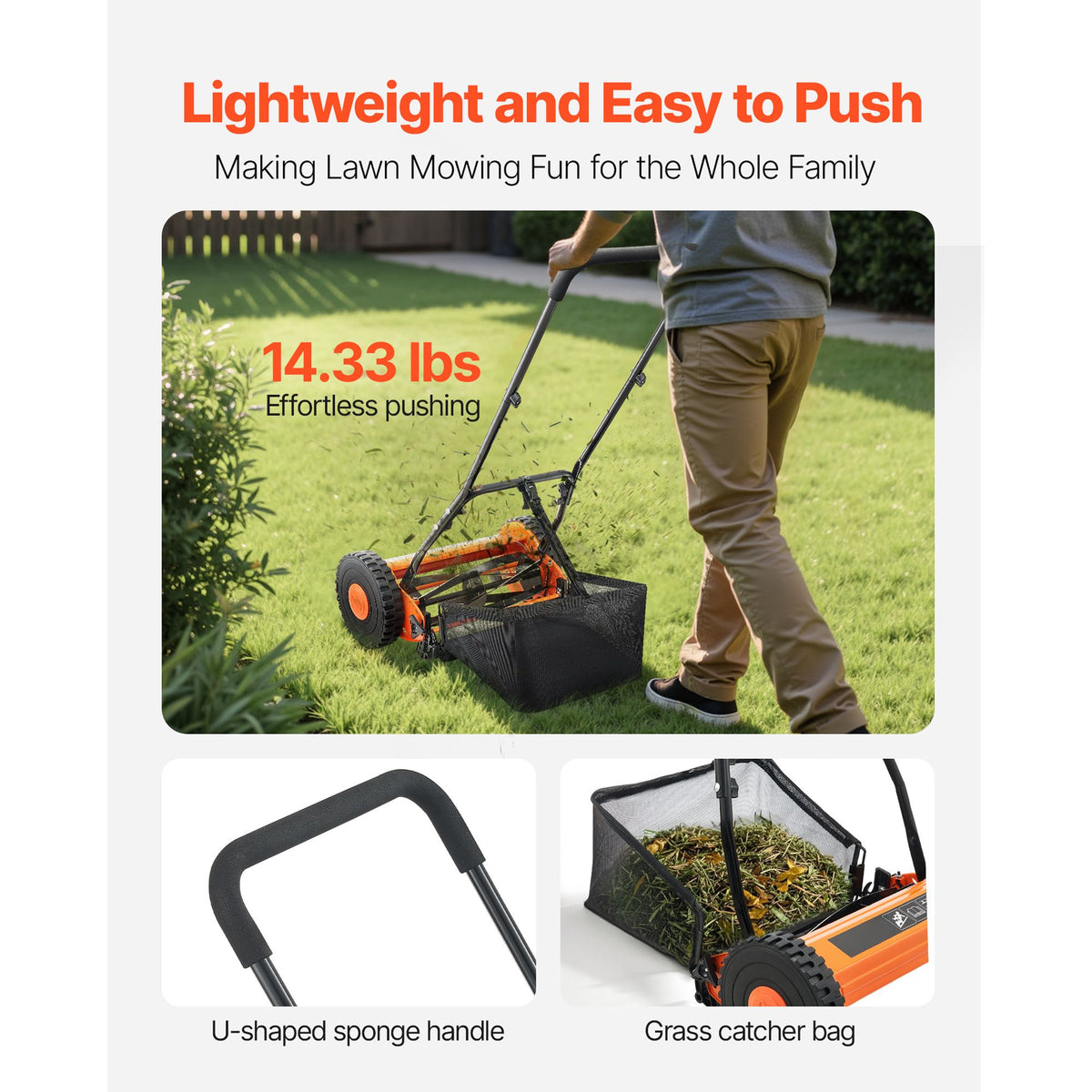 Push Reel Lawn Mower 35 cm, 5 Blades Manual Push Mower No Motor, 15-45 mm Adjustable Cutting Height, Walk-Behind Lawn Mowers with Grass Catcher Bag for Green Lawns, Driveways, Courtyards