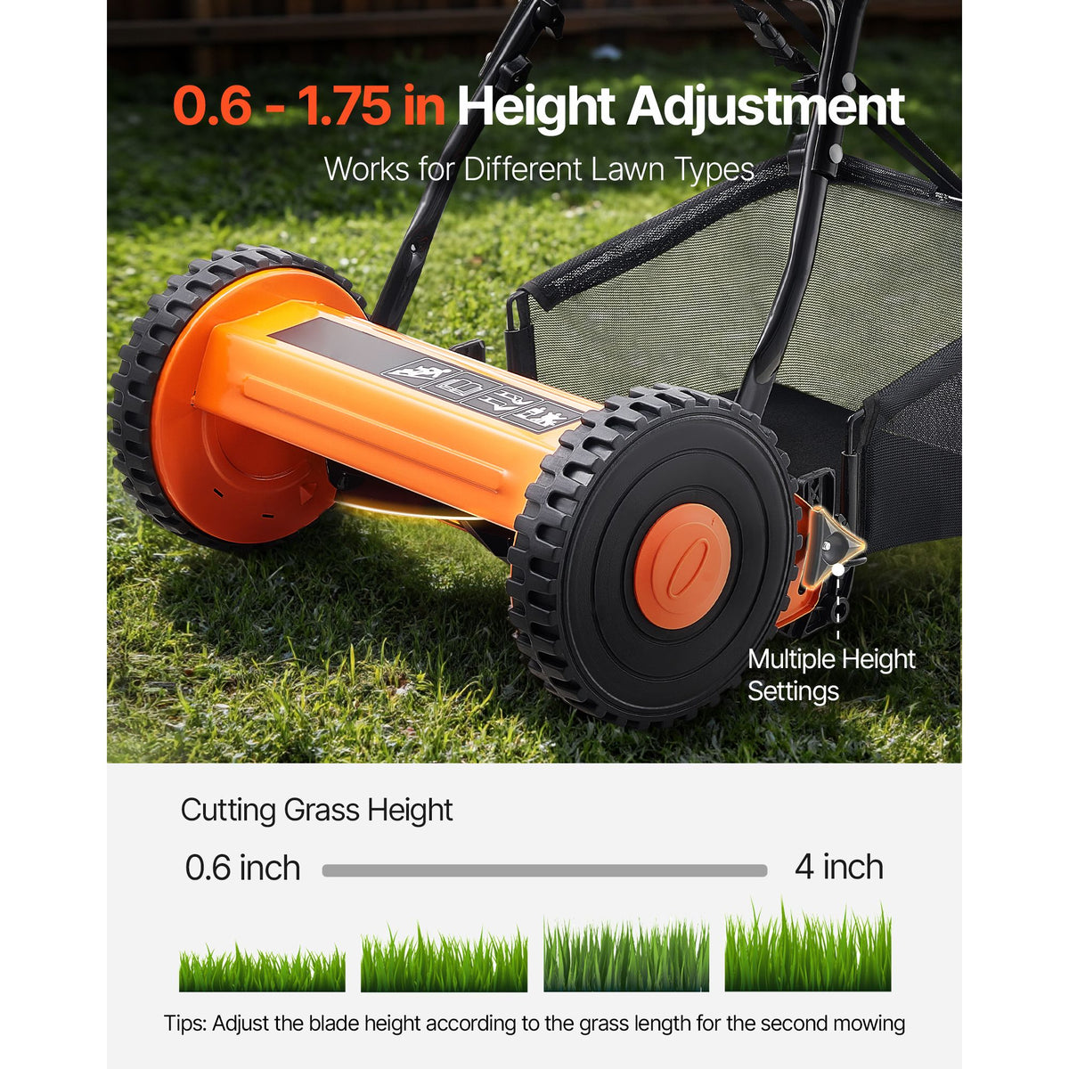 40cm Push Reel Lawn Mower 5-Blade Adjustable Height Grass Catcher 2-Wheel