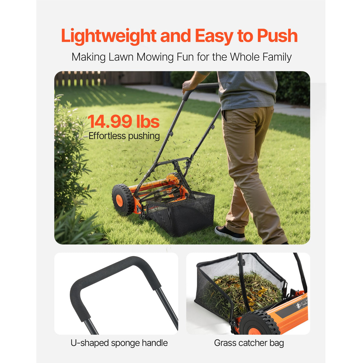 40cm Push Reel Lawn Mower 5-Blade Adjustable Height Grass Catcher 2-Wheel