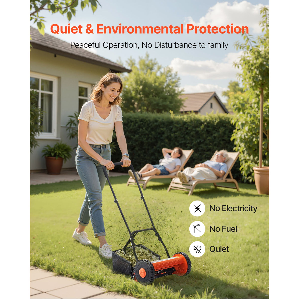 40cm Push Reel Lawn Mower 5-Blade Adjustable Height Grass Catcher 2-Wheel