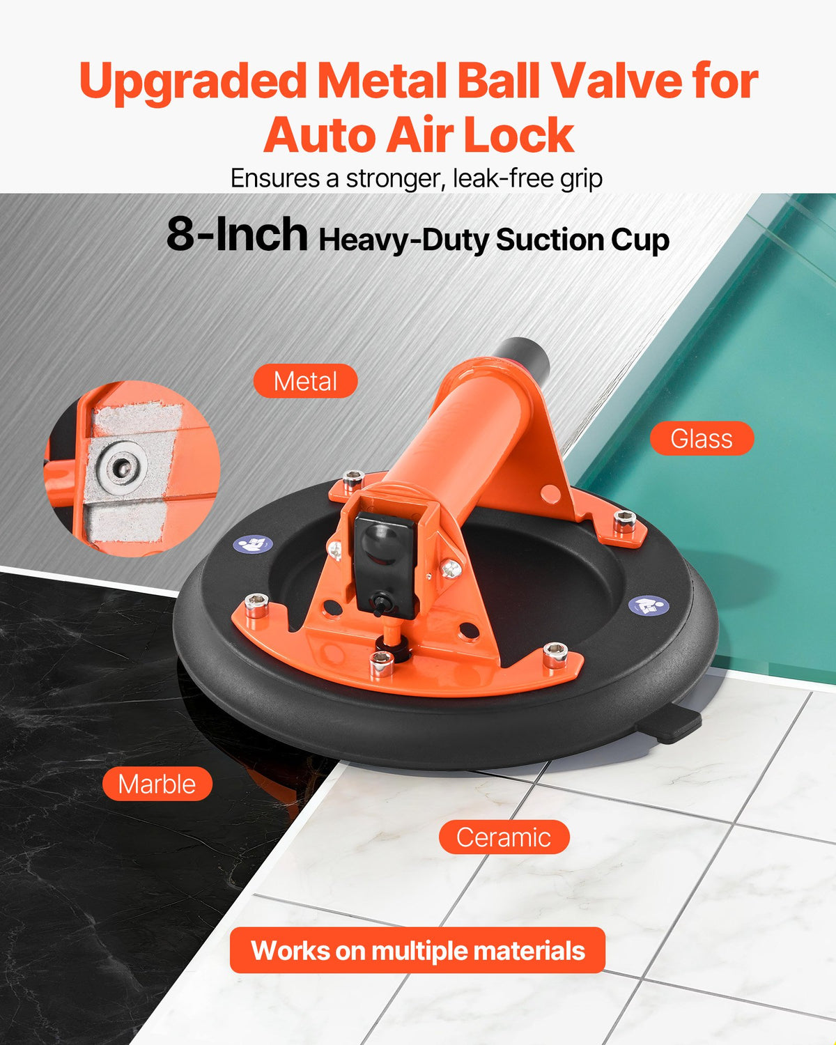 Vacuum Suction Cup, 203 mm Vacuum Glass Lifter with Metal Handle, 195 kg Max Lifting Capacity Tile Suction Cup Tool with Carrying Case for Lifting Large Tile, Granite, Drywall, Windows (2-Pack)