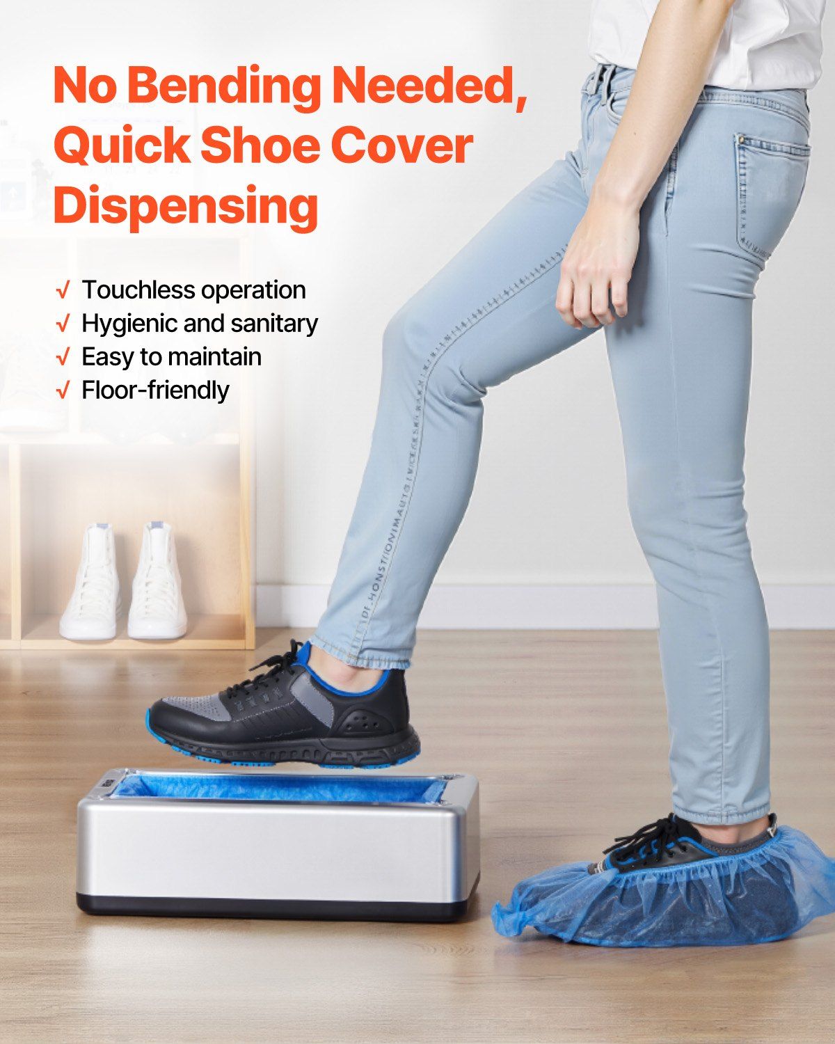 Shoe Cover Dispenser, Automatic Shoe Covers Dispenser with 100 Pcs of Non-Slip Disposable Shoes Covers, Fits Size Up to US 11, for Home, Office, Lab, Factory, Hospital, Indoor Use, Silver