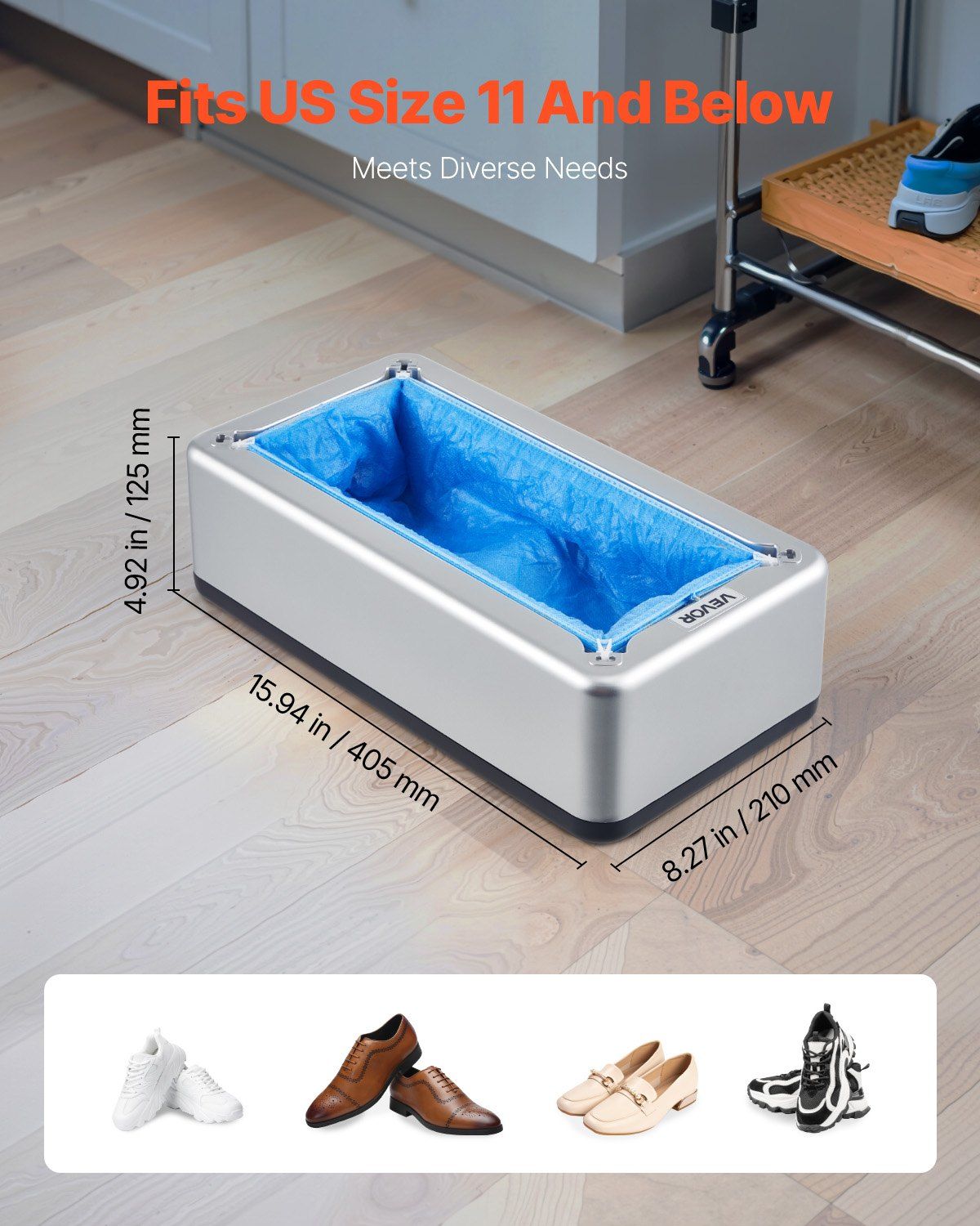 Shoe Cover Dispenser, Automatic Shoe Covers Dispenser with 100 Pcs of Non-Slip Disposable Shoes Covers, Fits Size Up to US 11, for Home, Office, Lab, Factory, Hospital, Indoor Use, Silver