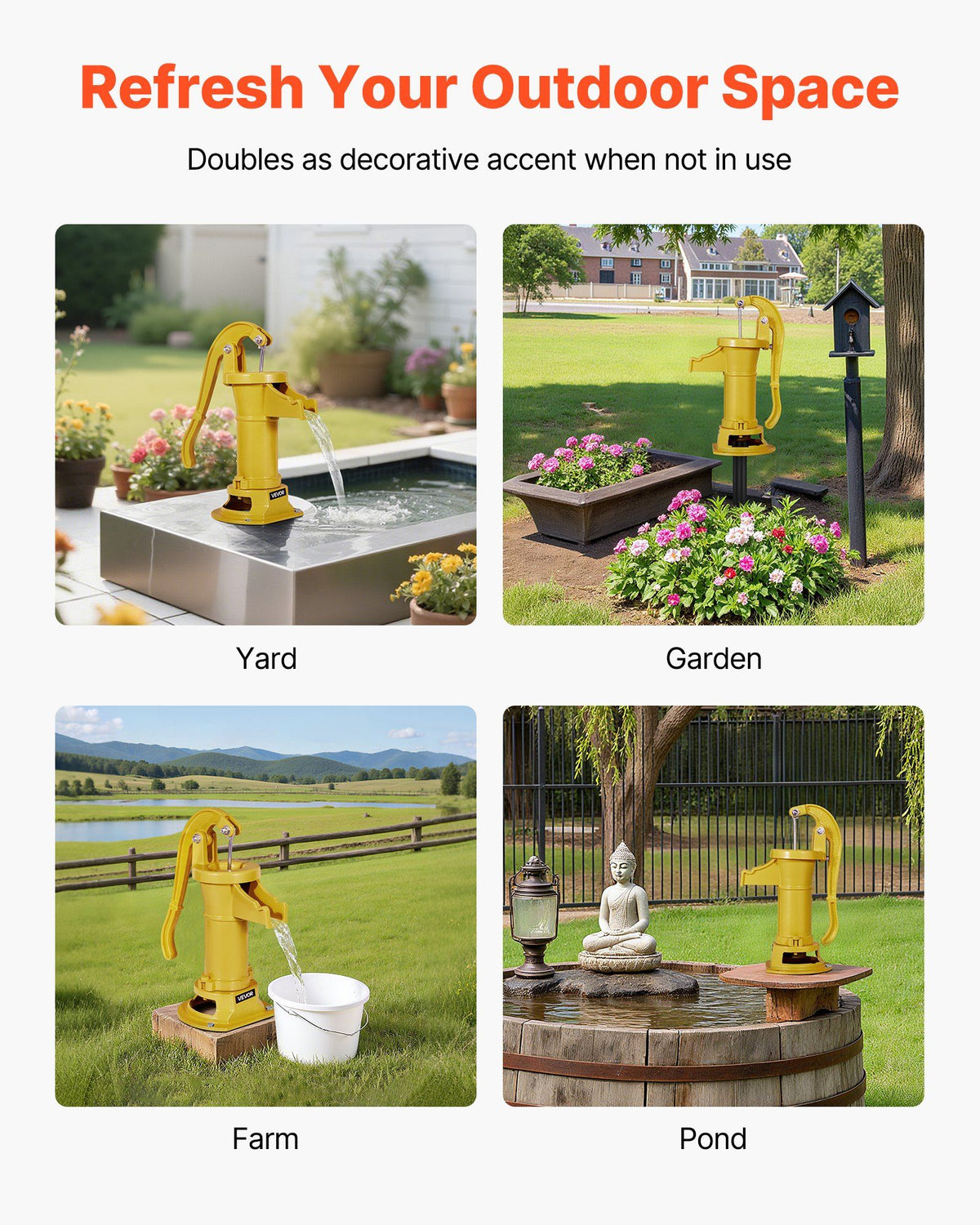 Well Hand Pitcher Pump, 25 ft Maximum Lift, Antique Cast Iron Manual Hand Water Pump, NPT 1-1/4 in Connection, Easy Installation, Old Fashioned for Outdoor Garden, Pond, Backyard, Farm, Yellow